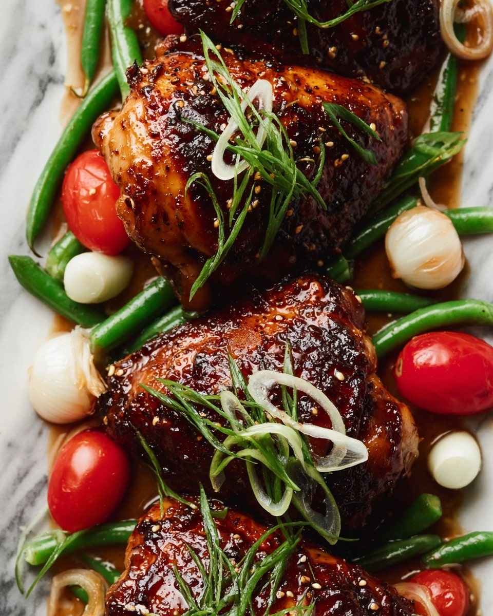 The image shows three cooked chicken pieces with a shiny dark brown glaze, laid closely side by side on a white marbled tray. Each chicken piece is topped with thin curls and strips of bright green and white scallions. Surrounding the chicken are small cooked vegetables like green beans, pearl onions, cherry tomatoes, and slices of green bell pepper, adding pops of green, red, and white colors. The chicken skin looks crispy and speckled with sesame seeds, while a woman's hand is just slightly visible at the corner holding the edge of the tray. The background is a white marbled texture. photo taken with an iphone --ar 2:3 --v 7 - Honey Soy Glazed Chicken Breasts, easy chicken dinner recipes, juicy baked chicken, flavorful chicken recipes, weeknight chicken meals