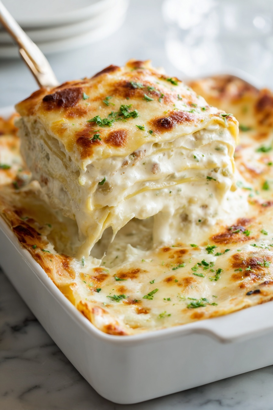 A close-up of a white rectangular dish filled with creamy five-layer lasagna. The top layer is golden brown melted cheese with small green parsley pieces scattered on it. Underneath, a thick creamy white sauce with bits of green herbs and pieces of soft pasta sheets can be seen. A white spatula is lifting a piece from the corner, revealing layers of white sauce, cheese, and pasta stacked evenly inside the dish. The dish is placed on a white marbled surface with some blurred background elements. Photo taken with an iphone --ar 2:3 --v 7 - Creamy Chicken Alfredo Lasagna, creamy chicken alfredo lasagna, chicken alfredo lasagna, cheesy chicken lasagna, comforting pasta casserole