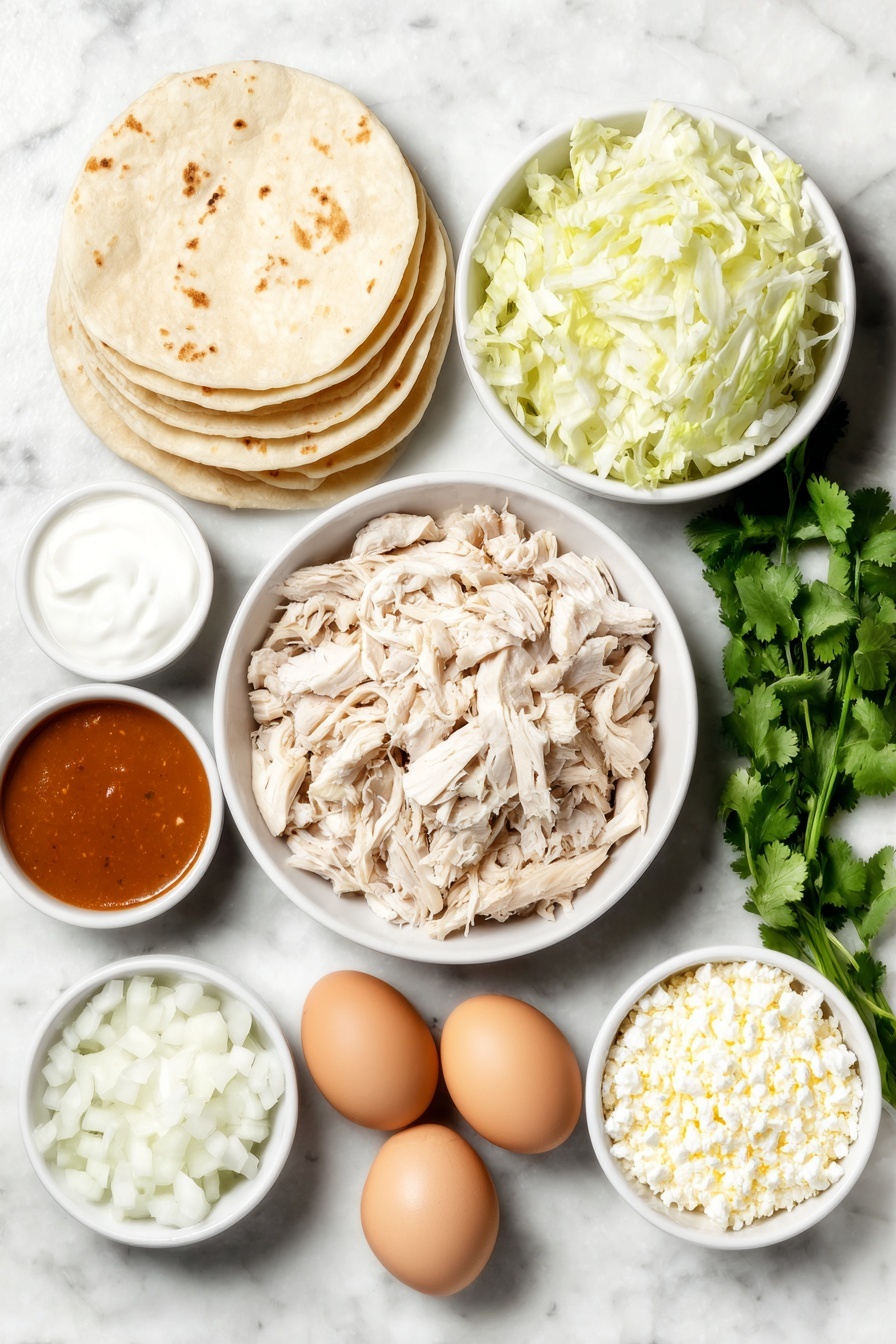 Flat lay of cooked shredded chicken in a simple white ceramic bowl, a small white bowl filled with vibrant red enchilada sauce, a stack of soft corn tortillas arranged neatly, shredded Mexican-blend cheese mounded in a white bowl, a few whole brown eggs with clean shells, a small white bowl of diced white onions, a few sprigs of fresh green cilantro, a small white bowl of creamy white sour cream, shredded crisp lettuce piled in a white bowl, and crumbled cotija cheese in a white bowl, all perfectly spaced and symmetrically placed on a clean white marble surface, soft natural light, photo taken with an iPhone, professional food photography style, fresh ingredients, white ceramic bowls, no bottles, no duplicates, no utensils, no packaging --ar 2:3 --v 7 --p m7354615311229779997 - Easy Chicken Enchiladas, simple chicken enchiladas recipe, quick chicken enchiladas, cheesy chicken enchiladas, flavorful chicken enchiladas