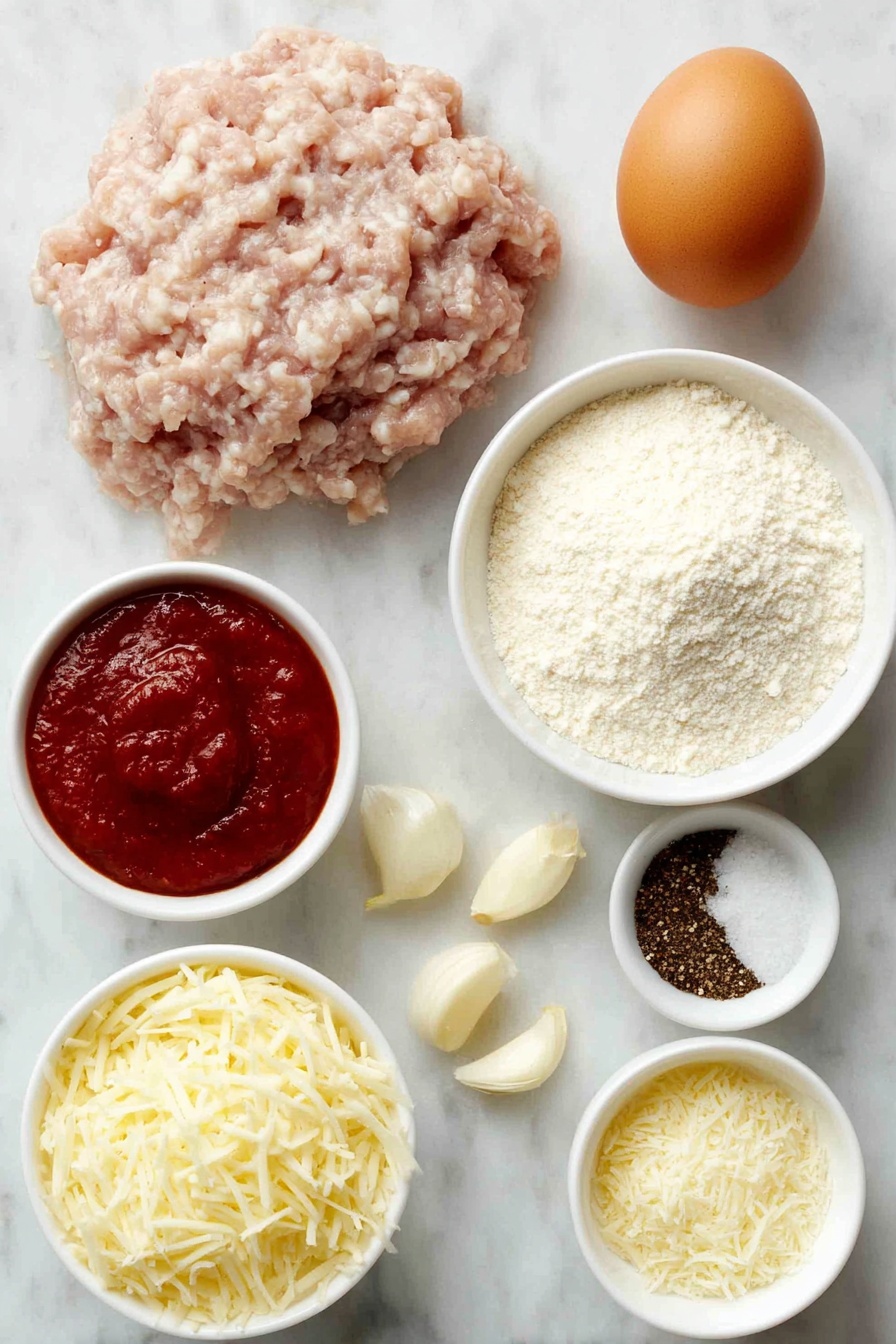 Flat lay of a small mound of fresh ground chicken, one whole brown egg with a clean shell, a small white bowl of pale almond flour, a small white bowl of finely grated parmesan cheese, three peeled garlic cloves, a small white bowl of bright red marinara sauce, a small white bowl of shredded mozzarella cheese, a scattering of coarse salt crystals, a few twists of black peppercorns, and a small white bowl of finely ground onion powder, all arranged with perfect symmetry on a clean white marble surface, soft natural light, photo taken with an iPhone, professional food photography style, fresh ingredients, white ceramic bowls, no bottles, no duplicates, no utensils, no packaging --ar 2:3 --v 7 --p m7354615311229779997 - Baked Chicken Parmesan Meatballs, chicken parmesan meatballs, Italian meatballs, baked chicken meatballs, cheesy marinara meatballs