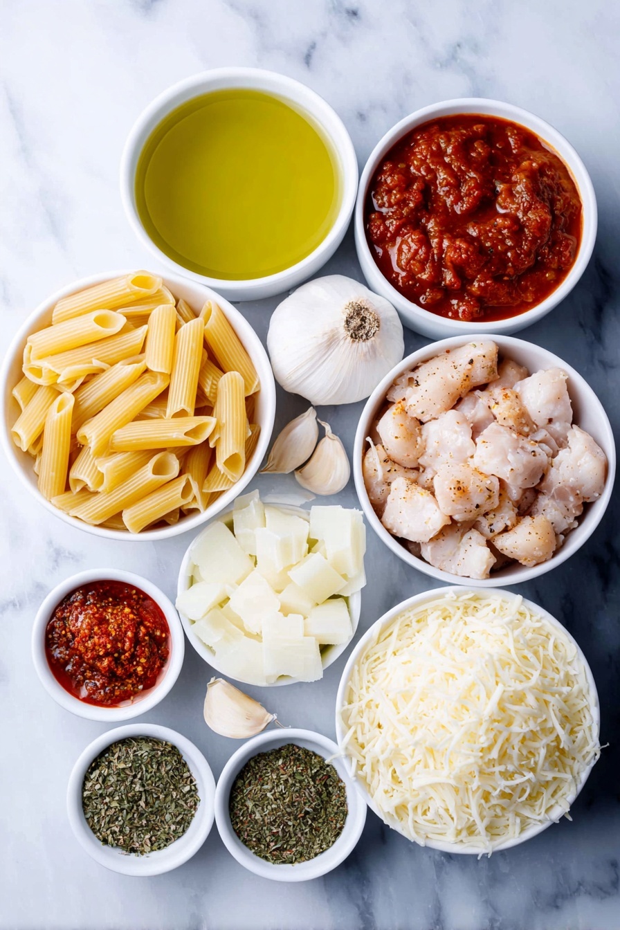 Flat lay of a small white ceramic bowl of golden olive oil, half a large onion finely diced on a white plate, three peeled garlic cloves scattered, a small white bowl with bright red tomato paste, a small white bowl of crushed red pepper flakes, two white ceramic bowls each filled with rich red crushed tomatoes and golden chicken broth, a simple white plate with dry penne pasta, a small white bowl of mixed dried basil and oregano, a white ceramic plate holding diced cooked chicken breast, a small white bowl with shredded pale yellow Parmesan, and another small white bowl containing soft white shredded mozzarella, arranged in perfect symmetry, placed on a clean white marble surface, soft natural light, photo taken with an iPhone, professional food photography style, fresh ingredients, white ceramic bowls, no bottles, no duplicates, no utensils, no packaging --ar 2:3 --v 7 --p m7354615311229779997 - Chicken Parm Soup with Pasta and Cheese, chicken parm soup, hearty chicken pasta soup, cheesy chicken soup, comfort food soup