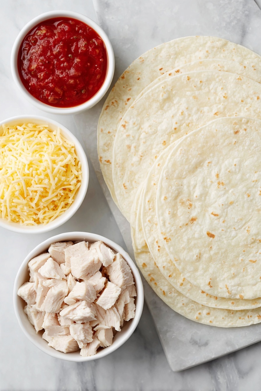 Flat lay of diced cooked chicken piled naturally, a small white ceramic bowl of bright red salsa, a small white ceramic bowl filled with shredded sharp cheddar cheese, six stacked flour tortillas with a soft, slightly textured surface arranged neatly, placed on a clean white marble surface, soft natural light, photo taken with an iPhone, professional food photography style, fresh ingredients, white ceramic bowls, no bottles, no duplicates, no utensils, no packaging --ar 2:3 --v 7 --p m7354615311229779997 - Easy Chicken Quesadilla Casserole, cheesy chicken casserole, quick dinner ideas, simple chicken casserole recipe, family-friendly casserole