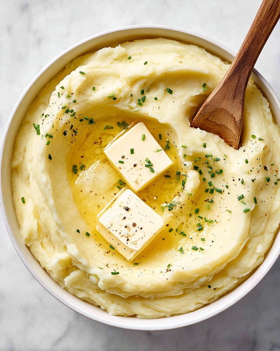 A white bowl filled with smooth mashed potatoes, showing one thick base layer of creamy off-white color with soft texture. On top is a pool of melted golden butter in the center, with a small square of unmelted pale yellow butter right in the middle. Green chives are sprinkled all over for a fresh touch, with small black pepper specks scattered across. The bowl sits on a white marbled surface, next to a green and white striped cloth and a wooden spoon resting above the bowl. Photo taken with an iphone --ar 4:5 --v 7