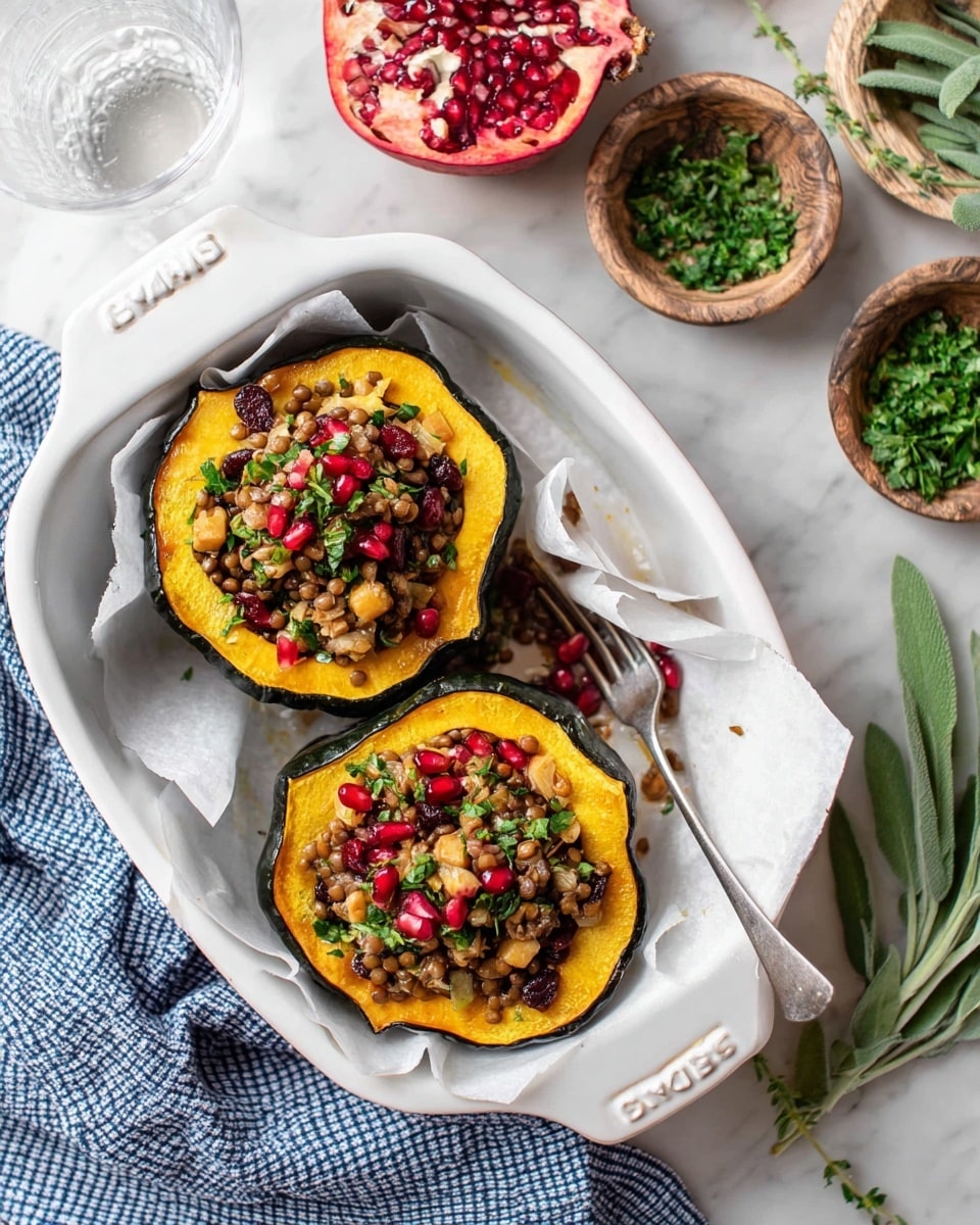 Two stuffed acorn squash halves sit in a white rectangular dish lined with white paper. Each squash half has a thick, dark green and yellow shell with bright yellow soft inner flesh. They are filled with a mix of finely chopped mushrooms, nuts, dried cranberries, and fresh green herbs, topped with bright red pomegranate seeds. Around the dish, there is a small wooden bowl of chopped herbs, a glass container of oil, a bowl with extra stuffing on a blue knitted mat, and a white plate with a fork, all set on a white marbled surface. A blue and white checkered cloth is partially visible under the dish near the bottom of the image. Photo taken with an iphone --ar 4:5 --v 7