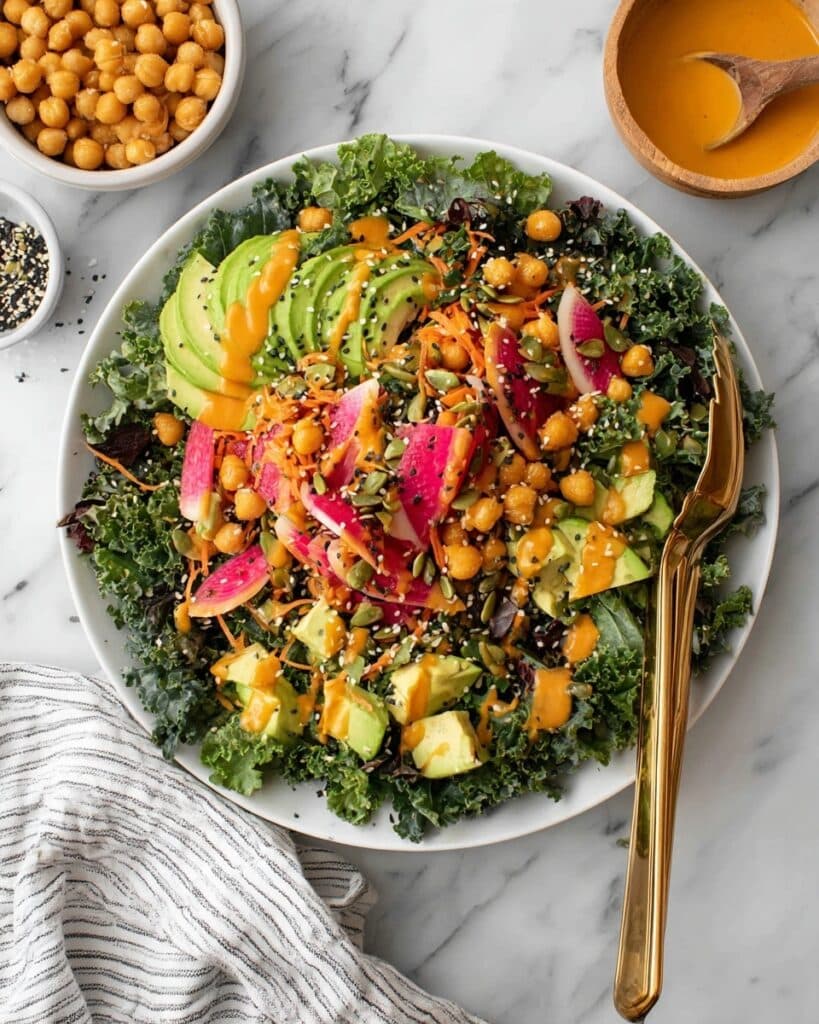Kale Salad with Roasted Chickpeas, Vegetables, and Ginger Dressing Recipe