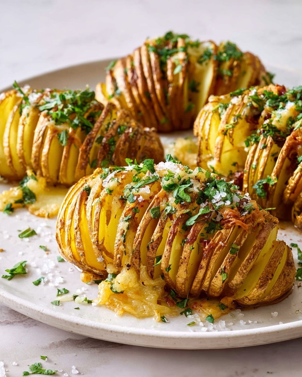 The image shows four Hasselback potatoes placed on a white plate, each potato sliced into many thin layers that remain connected at the base. The potato slices are filled with small pieces of yellow cheese and green herbs, with bits of red, possibly bacon or pepper, tucked between the layers. Fresh green parsley is sprinkled on top and scattered around the plate. The plate rests on a white marbled surface. The textures include the crispy, golden brown edges of the potato slices and the soft green herb leaves, with some melted cheese oozing lightly between the layers. photo taken with an iphone --ar 4:5 --v 7