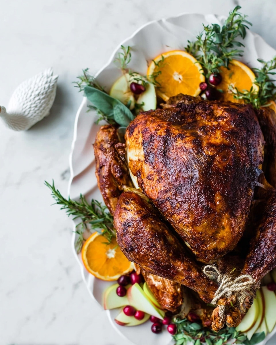 A whole roasted turkey with a dark golden brown, crispy skin sits centered on a white plate. The turkey's two front legs are tied together with white string, and inside the turkey cavity, fresh green rosemary and thyme sprigs peek out. Around the turkey on the plate are cut orange halves, apple halves with visible seeds, lime wedges, and more green herb sprigs. Bright red cranberries scattered around add pops of color. The plate rests on a white cloth with a white marbled surface background. photo taken with an iphone --ar 4:5 --v 7