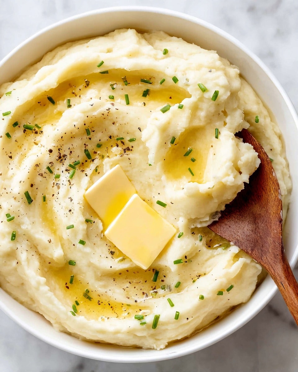 A white round bowl filled with smooth mashed potatoes forming three soft, creamy layers swirled gently in a circular shape. The top layer has a melting square of pale yellow butter sitting in the middle, surrounded by golden melted butter pooling slightly into the creamy mashed surface. Chopped green chives are scattered lightly across the top, with some sprinkled black pepper adding small dark specks. The bowl sits on a white marbled surface with a green and white striped cloth and a wooden spoon resting above it. Photo taken with an iphone --ar 4:5 --v 7