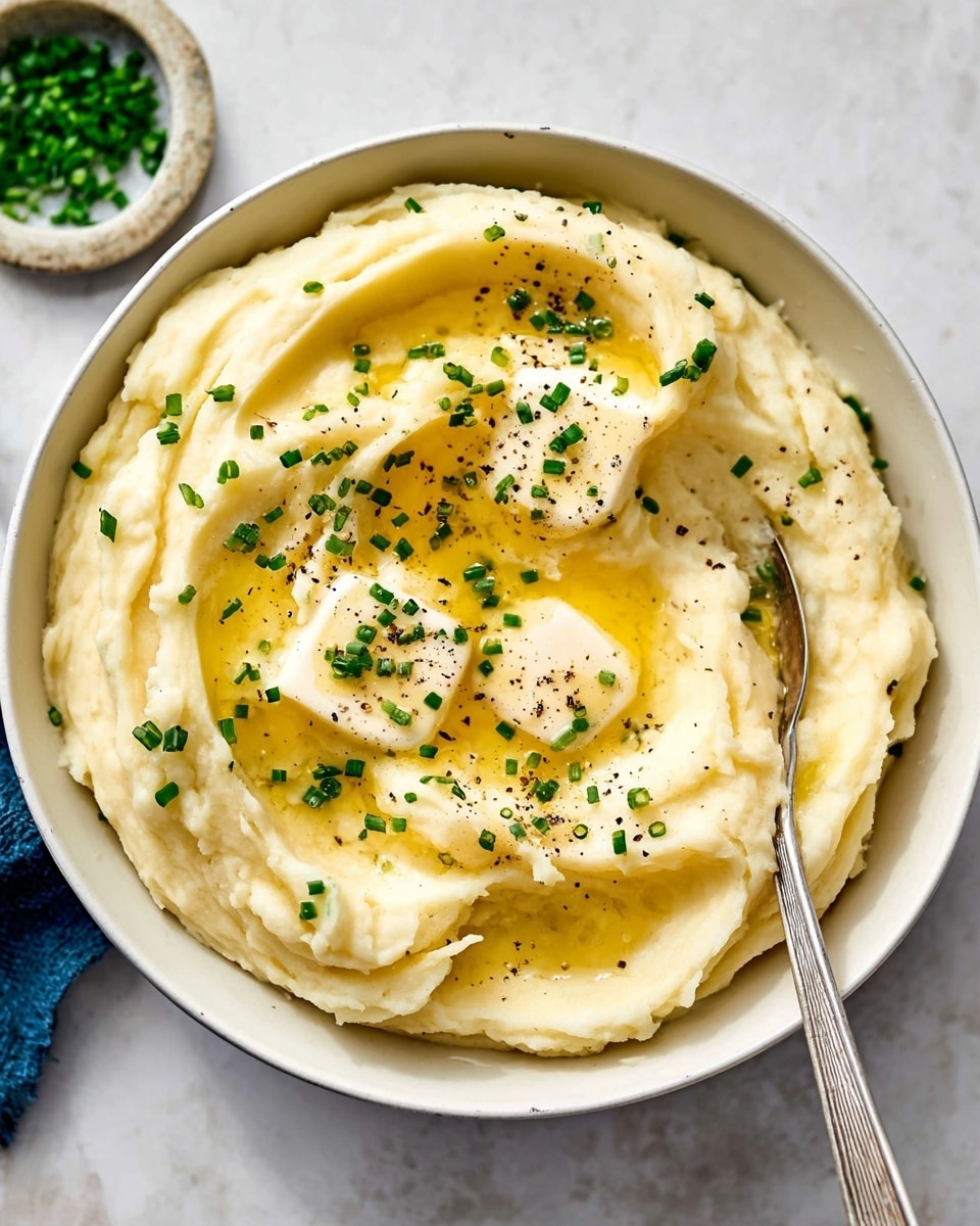 A close-up top view of creamy mashed potatoes in a white bowl, with two small, melting square pieces of yellow butter on top. The mashed potatoes are smooth and have soft ridges made by a wooden spoon resting on the right side of the bowl. The butter sits in the middle with a little melted butter pooling around it. Green chopped chives and a sprinkle of black pepper are scattered over the mashed potatoes, all set on a white marbled surface. photo taken with an iphone --ar 4:5 --v 7