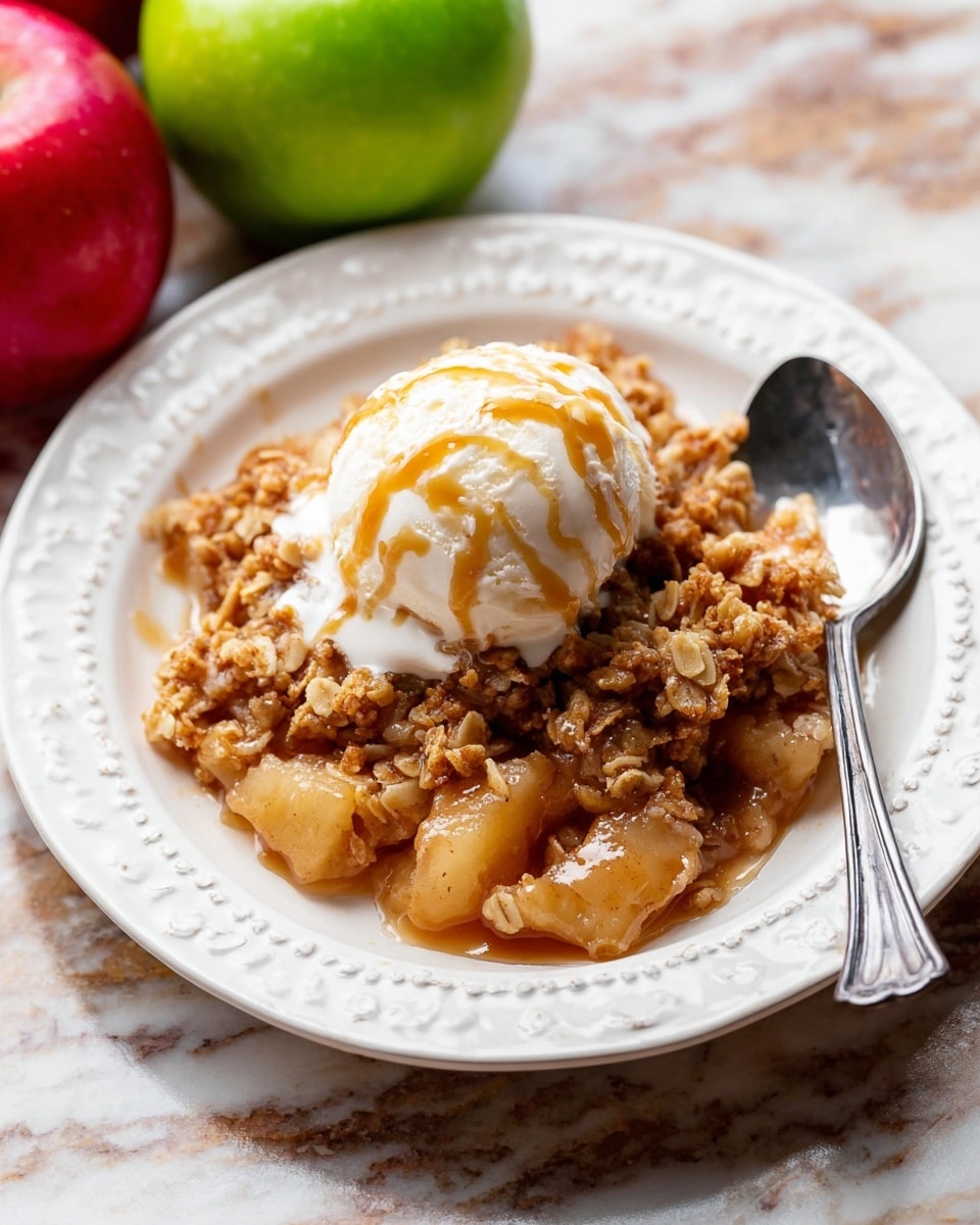 A white plate with raised swirly designs holds a warm apple crisp dessert. The bottom layer is soft, cooked apple chunks mixed with syrup and cinnamon, creating a shiny golden-brown color. On top is a thick crumbly layer of oat and brown sugar crumble that looks crunchy. A scoop of creamy white vanilla ice cream sits on the crumble, starting to melt slightly, with caramel sauce drizzled over the ice cream in thin lines. A silver spoon is placed on the plate beside the dessert, and the plate rests on a wooden surface with two apples, one red and one green, nearby. photo taken with an iphone --ar 4:5 --v 7