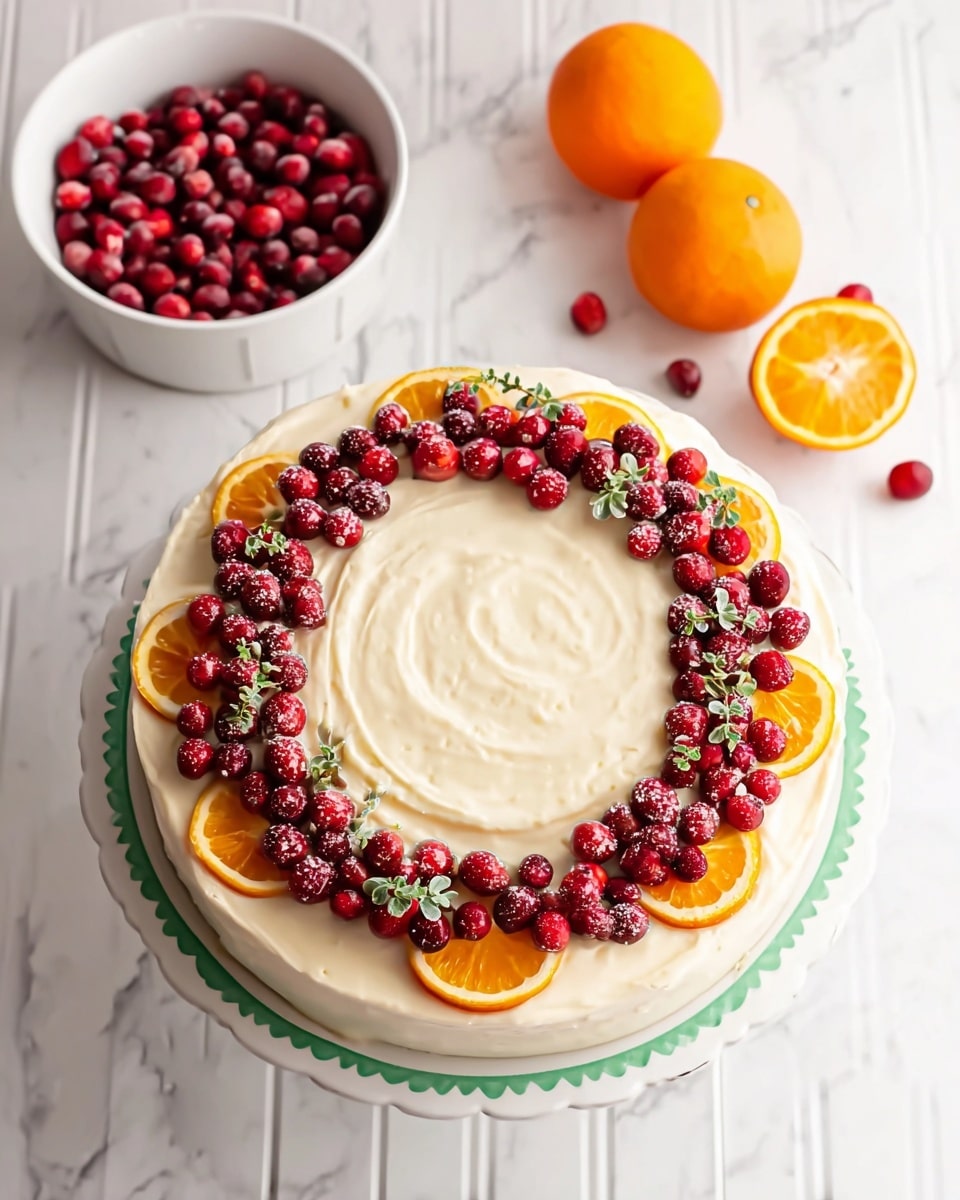 A round, two-layer cake with smooth white cream frosting swirled on top sits on a white marbled wooden table. The top layer is decorated with a ring of fresh red cranberries mixed with a few sprigs of green herbs and small orange wedges placed evenly around the edge. Nearby, a white bowl full of more cranberries and two bright orange halves rest on the table. The cake is on a glass plate with a scalloped edge. Photo taken with an iphone --ar 4:5 --v 7