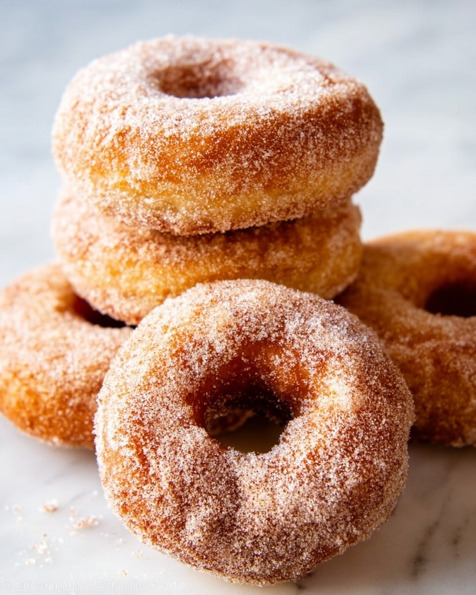 The image shows four cinnamon sugar coated donuts on a white marbled surface. One donut is broken in half, showing its soft, light yellow inside and the fluffy texture. The donuts have a golden brown outer layer, covered evenly with a fine layer of cinnamon sugar crystals. They are close together, filling the frame with a warm, cozy look. photo taken with an iphone --ar 4:5 --v 7