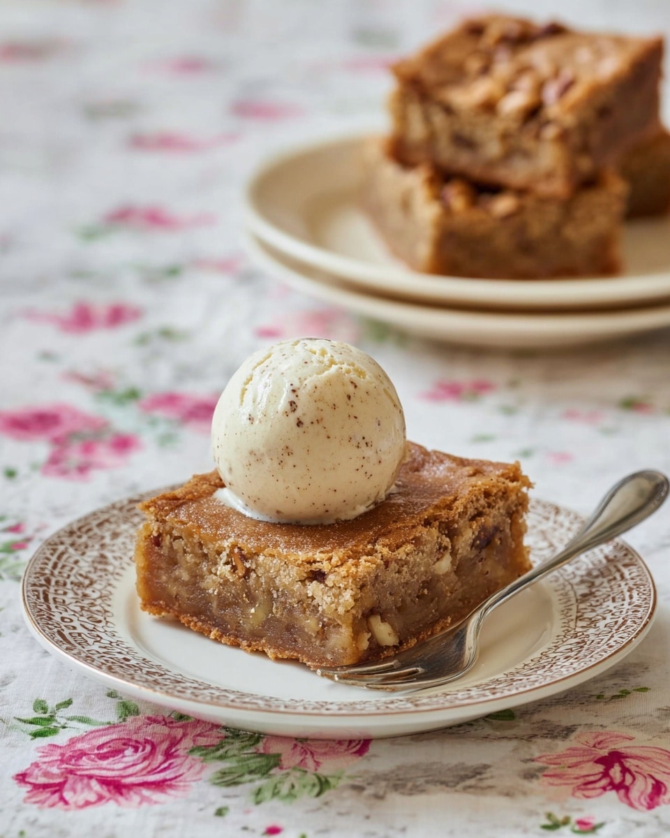A square slice of nut-filled brown cake sits on a white plate with a delicate brown pattern near the edge, topped with a round scoop of light creamy vanilla ice cream. The cake shows a moist texture with visible nuts inside and a slightly crisp top layer. A silver fork with an ornate handle lies beside the cake on the plate. In the background, a white plate holds more slices of the same brown cake, slightly out of focus, all set on a white marbled surface with a lace doily and soft floral tablecloth underneath. Photo taken with an iphone --ar 4:5 --v 7