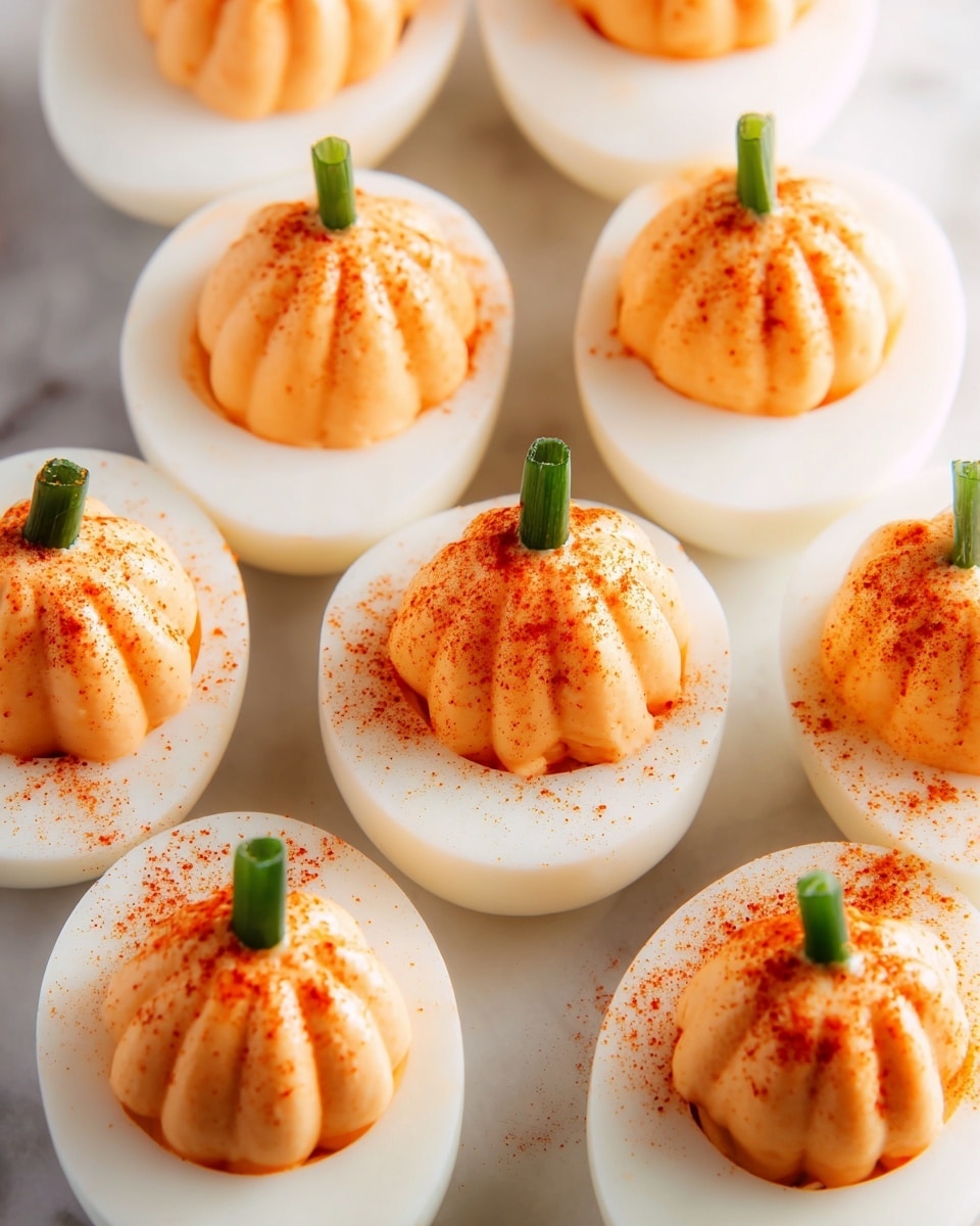The image shows close-up of many white hard-boiled egg halves arranged on a white marbled surface, each filled with orange-colored creamy yolk mixture. The filling is shaped with curved vertical grooves to look like small pumpkins on each egg. Each filling is topped with a short piece of green chive stem acting as a pumpkin stem. The pumpkins have a light dusting of red paprika spice scattered across the filling for color contrast. The eggs are placed close together with soft, smooth white egg whites forming the base layer, orange textured yolk filling as the middle layer, and green chive stems as the top layer. photo taken with an iphone --ar 4:5 --v 7