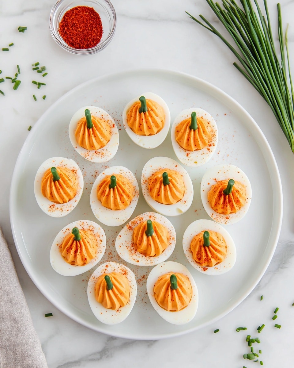 A white round plate on a white marbled surface holds twelve deviled eggs made with two layers: a smooth white egg white base and a light orange creamy egg yolk filling shaped like small pumpkins. Each pumpkin-shaped filling is decorated with three thin vertical lines and topped with a small green chive stem piece. The eggs are sprinkled with red paprika powder. To the top left of the plate is a small clear bowl filled with red paprika powder, and on the top right, a bunch of green chives tied with white string lies on the white marbled surface. Some small pieces of chopped chives are scattered around. Photo taken with an iphone --ar 4:5 --v 7