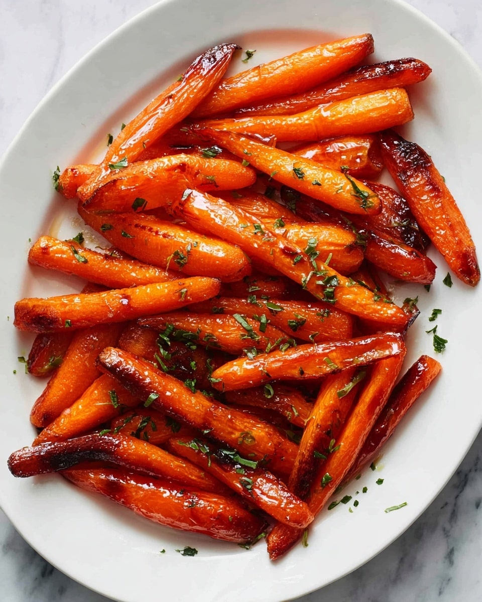 A white plate filled with roasted carrot pieces, each carrot is cut into thick, diagonal slices with a shiny, caramelized orange surface. The carrots have darker brown spots where they are roasted more, showing a slightly crispy texture. The plate is sprinkled with small bits of green herbs, adding a fresh color contrast. The white marbled background adds a clean look to the image. photo taken with an iphone --ar 4:5 --v 7