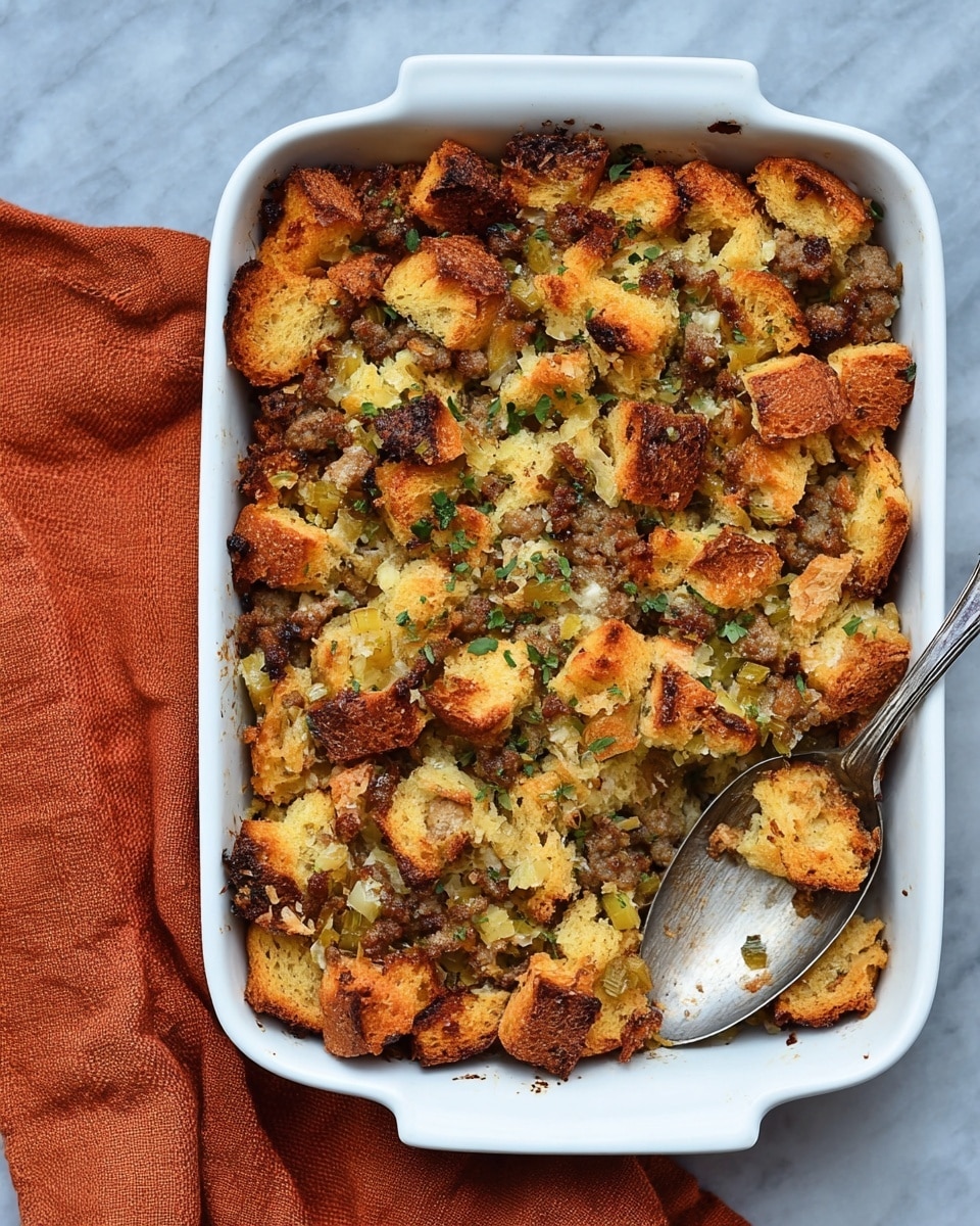The image shows a white baking dish with a rustic stuffing inside, made of chopped golden brown toasted bread pieces mixed with small bits of cooked sausage and green herbs. The stuffing has a rough texture with crunchy bread edges and darker browned spots where sausage is visible. It fills the dish almost fully, with one corner scooped out and an old silver spoon resting inside. The dish sits on a white marbled surface with a burnt orange cloth partially visible on the right side. Photo taken with an iphone --ar 4:5 --v 7