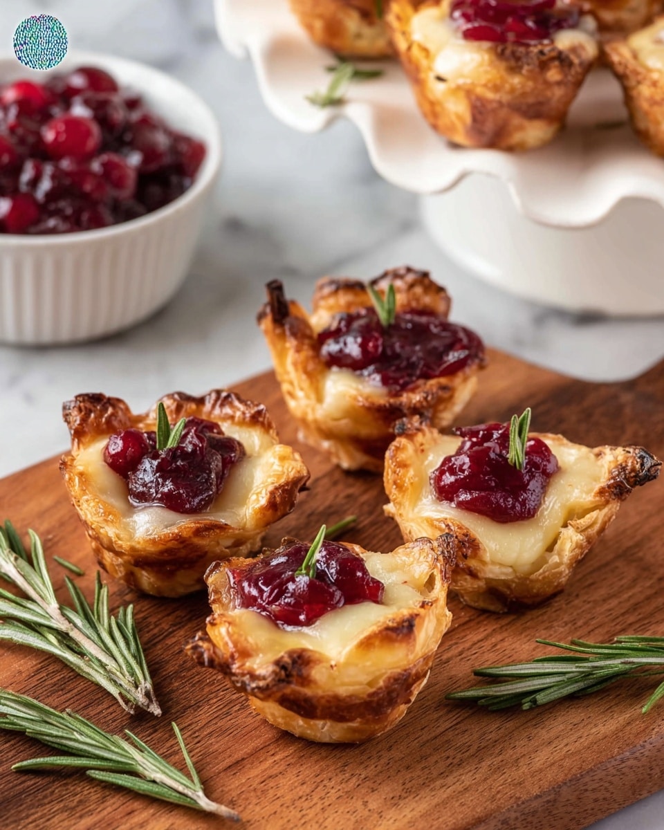 The image shows a metal muffin tray filled with small baked bites. Each bite has a golden-brown crust folded into a small cup shape, holding a melted creamy white cheese layer in the center. On top of the cheese, there is a thick, dark red cranberry sauce layer. Small sprigs of fresh green rosemary are placed next to some bites, adding texture and contrast. The background is a white marbled surface. The photo taken with an iphone --ar 4:5 --v 7