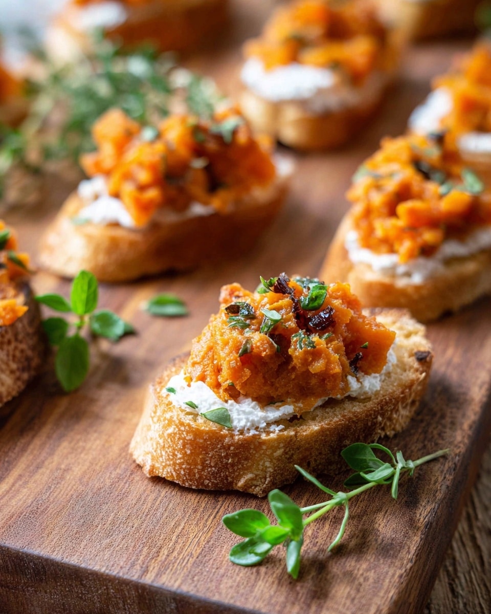 The image shows several pieces of toasted bread served on a wooden board with a white marbled texture background. Each toast has three visible layers: a crispy light brown base, a thick layer of white creamy cheese spread, and a chunky orange topping that looks like cooked or mashed sweet potato with small bits of dark seasoning. The toasts are garnished with small green herbs scattered on top and some fresh green leaves. In the foreground, there is a small sprig of green herbs lying on the board. Photo taken with an iphone --ar 4:5 --v 7