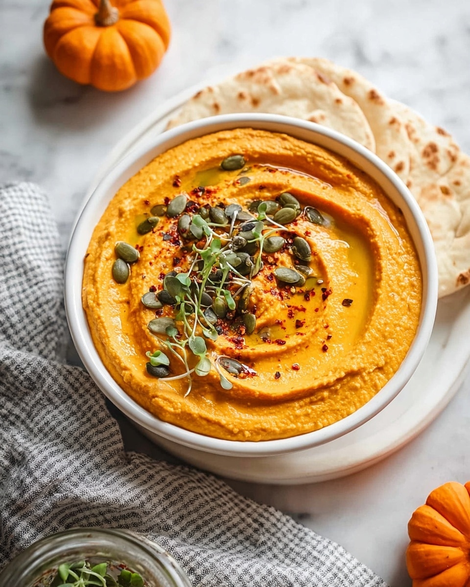 A white bowl filled with smooth, creamy orange pumpkin hummus that has a slightly swirled texture on top. The hummus is garnished with bright green microgreens, dark green pumpkin seeds, a sprinkle of black seeds, and mild red spices, all arranged mainly along one side of the bowl. Around the bowl, there are soft flatbreads stacked to the left, small whole pumpkins at the bottom left corner, and a striped gray and white cloth to the right, all placed on a white marbled surface. In the background, a small jar with pumpkin seeds sits on a white plate. The photo taken with an iphone --ar 4:5 --v 7