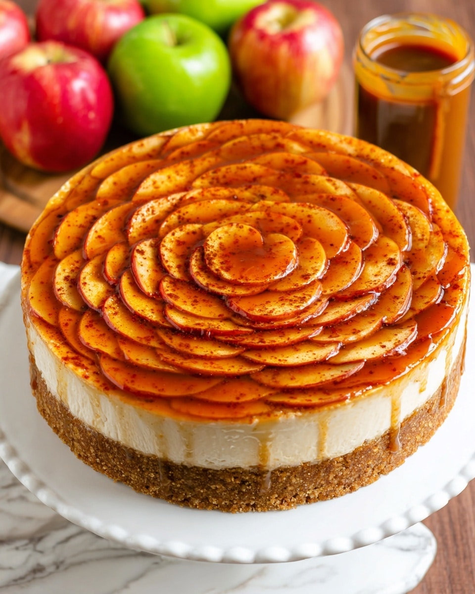 A round dessert with three visible layers sits on a white plate over a white marbled surface. The bottom layer is a thick, crumbly brown crust. Above it is a smooth, light ivory cream layer about half as thick as the crust. The top layer features thin, soft-looking apple slices arranged tightly in concentric circles like a flower, with a glossy cinnamon-spiced glaze coating them, giving a warm reddish-brown shine. In the background, parts of green and red apples and a clear glass jar with caramel sauce are slightly out of focus. Photo taken with an iphone --ar 4:5 --v 7
