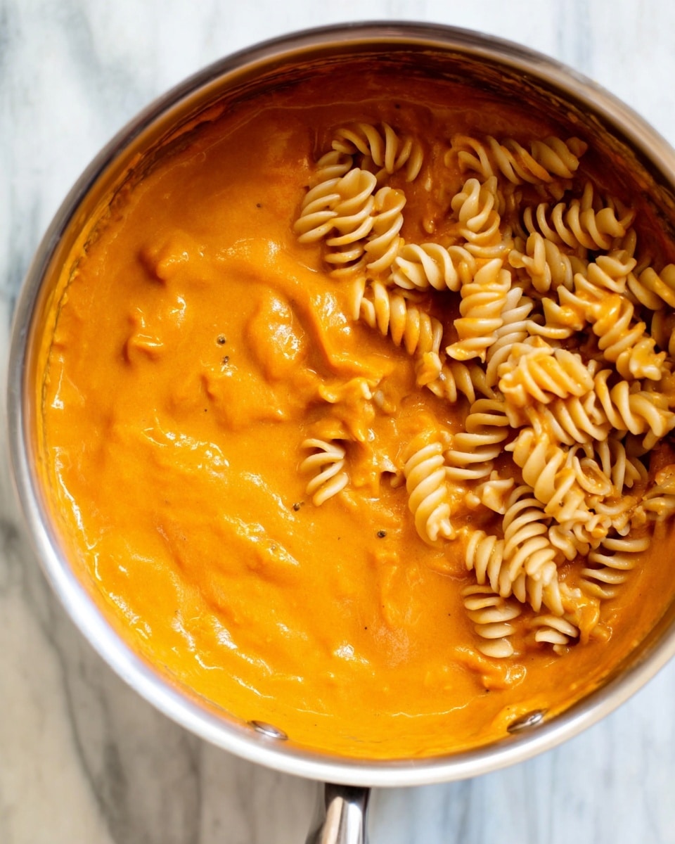 A close-up image of a stainless steel pot filled with spiral pasta cooked in a thick, smooth orange sauce. The sauce covers most of the pasta, showing vibrant and creamy texture with visible small lumps. The pasta spirals are light beige and partly coated by the rich orange sauce, creating a contrast between the smooth and firm shapes. The pot is placed on a white marbled surface, and the photo shows the edge of the pot handle in the top left corner. Photo taken with an iphone --ar 4:5 --v 7