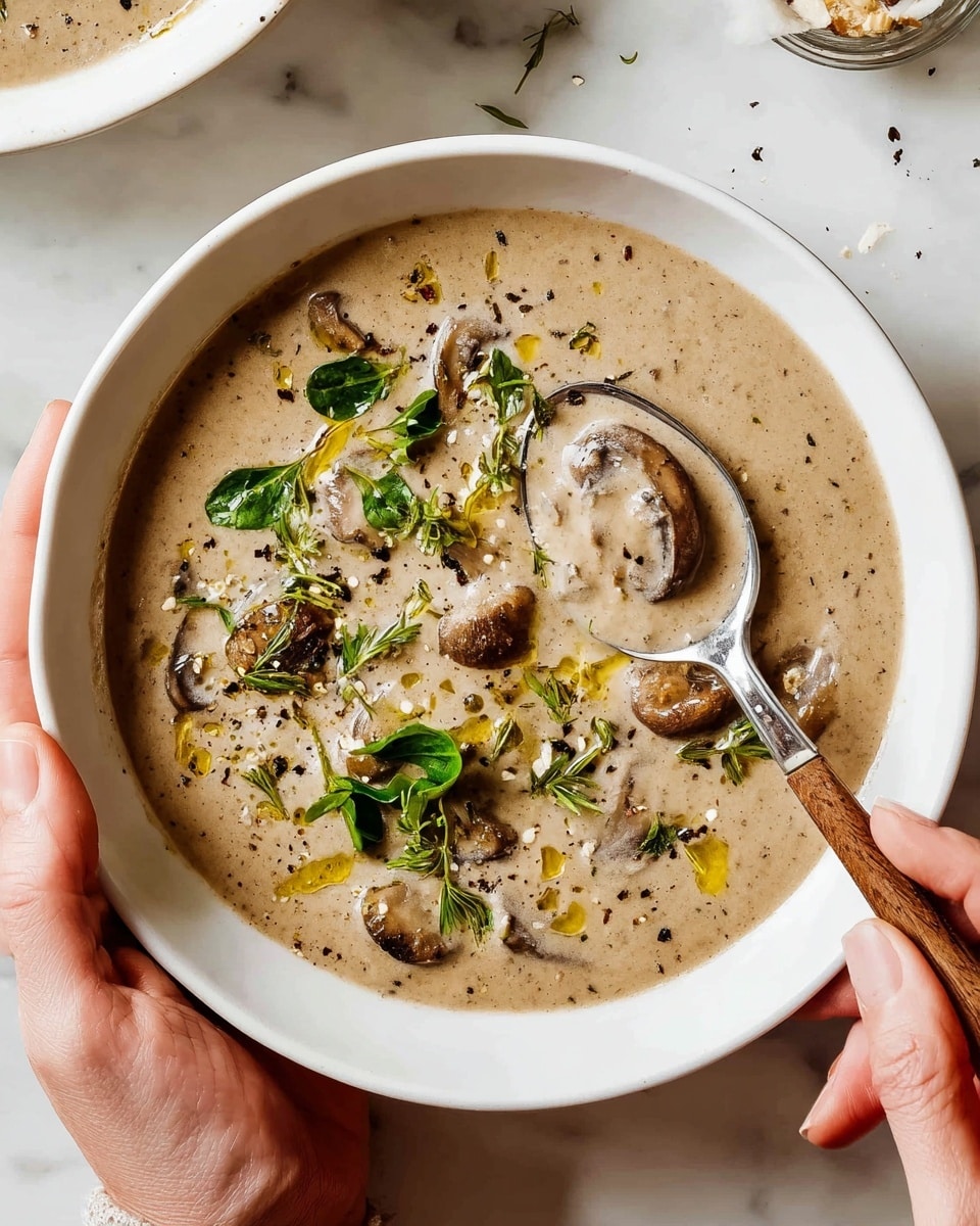 Two white bowls filled with creamy beige soup containing visible light brown mushroom slices and bits of chicken. The soup is topped with fresh green herb leaves, black pepper, and a drizzle of olive oil creating a glossy texture on the surface. One bowl is held by a woman's hand on the left side of the image, while another woman's hand holds a light wooden spoon resting in the second bowl at the bottom center. The bowls sit on a white marbled surface, accompanied by a small glass bottle of oil and a few fresh green herb sprigs near the bowls. A soft, folded cloth with rust, navy blue, and white stripes is partially visible on the left side. photo taken with an iphone --ar 4:5 --v 7