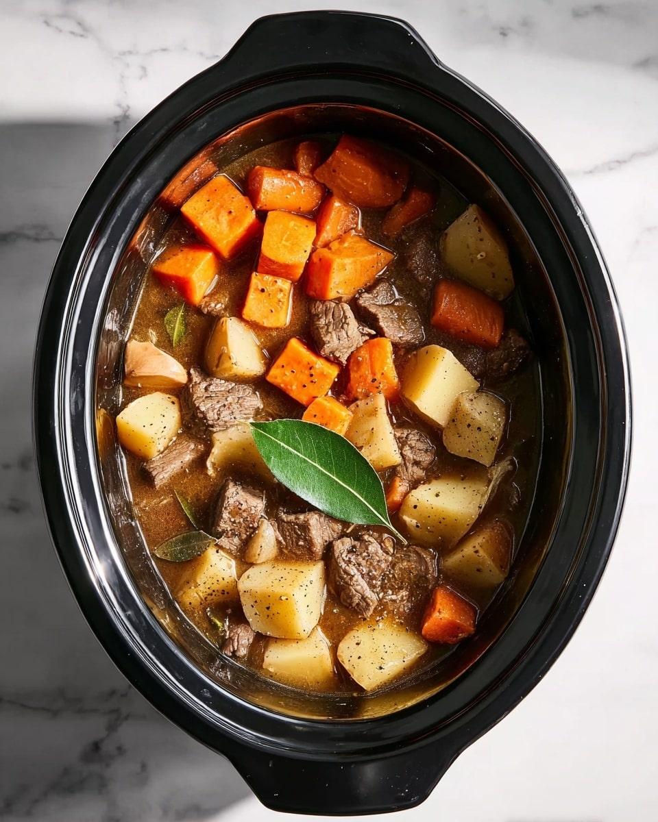 A black slow cooker filled with a hearty stew showing three clear layers: the top layer has bright orange carrot chunks scattered evenly, the middle layer features tender brown beef pieces mixed with soft beige potato chunks, and the bottom layer holds rich brown broth that partly covers the ingredients. A single fresh green bay leaf sits on the surface, and the stew is lightly sprinkled with black pepper. The cooker rests on a white marbled surface with soft natural light casting gentle shadows around it. photo taken with an iphone --ar 4:5 --v 7