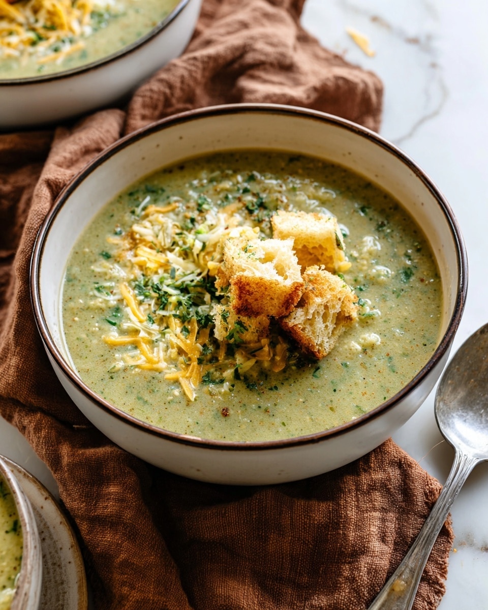 A bowl filled with creamy green soup, topped with small pieces of shredded yellow cheese, chopped green herbs, and chunks of light brown crispy bread placed in the center. The bowl is white with a thin dark rim and set on a crumpled brown cloth. The surface beneath has a white marbled texture, and a silver spoon is nearby. Another similar bowl is partially visible in the background. Photo taken with an iphone --ar 4:5 --v 7