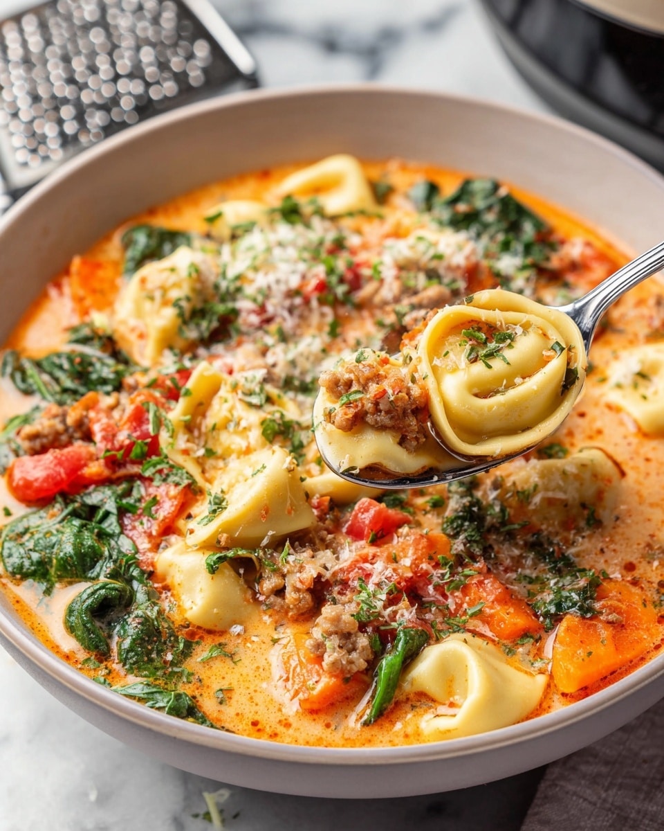 Two white bowls filled with creamy tortellini soup are placed on a white marbled surface. The soup has three layers visible: a creamy orange broth base with small green spinach leaves, orange carrot pieces, and red tomato chunks mixed throughout. On top, there are folded pasta tortellinis with a pale yellow color, and a sprinkle of grated white cheese and chopped green herbs covers the soup. A silver spoon rests inside each bowl. Nearby, there are two slices of light brown bread and a small wooden bowl filled with grated cheese. A slow cooker pot is partially visible in the top right corner. Photo taken with an iphone --ar 4:5 --v 7