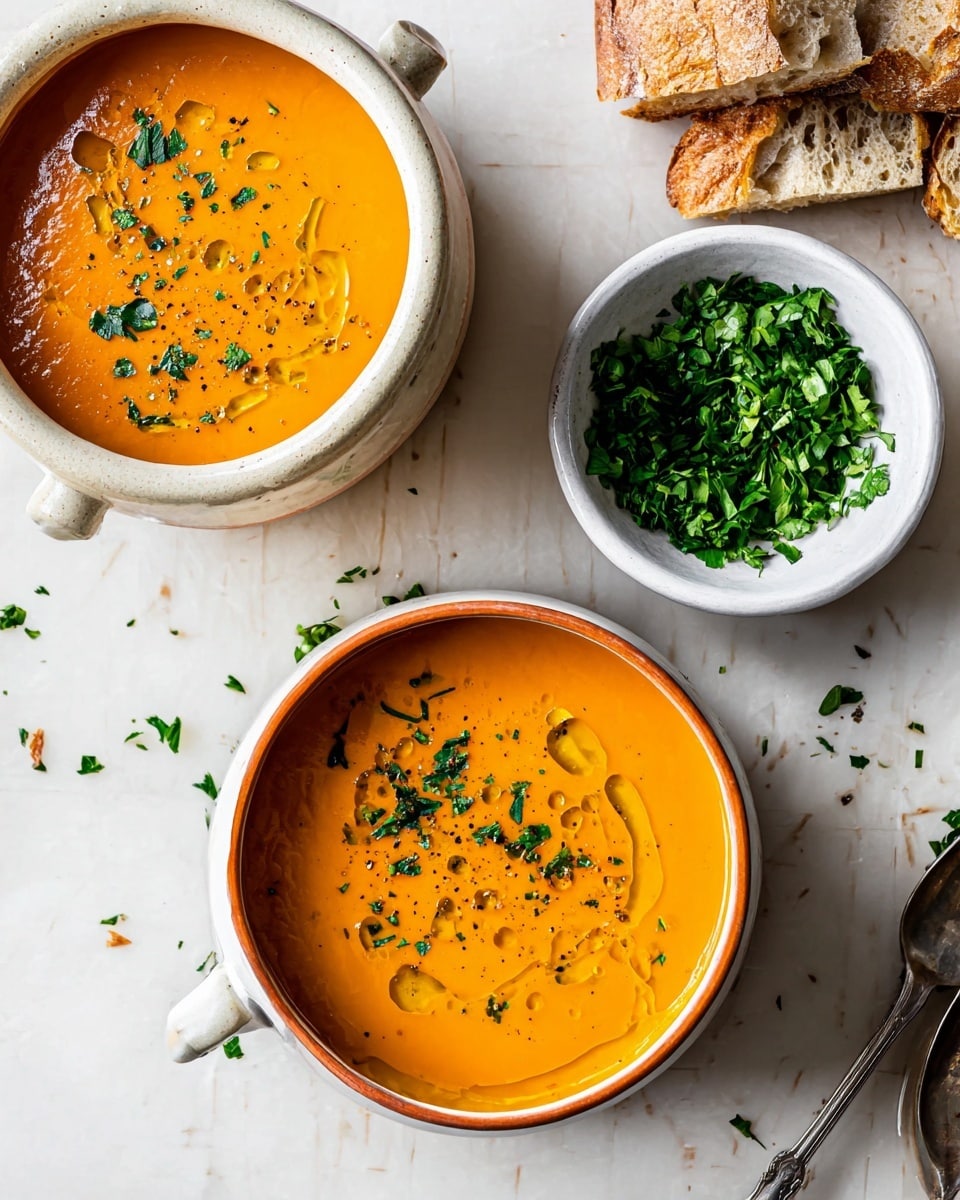Two white bowls filled with smooth orange soup are placed on a white marbled surface. Each bowl has a single rich layer of soup, topped with small droplets of oil and green chopped herbs, with some black pepper sprinkled on top. To the upper right, there are pieces of rustic bread with a crisp crust resting on the surface. Near the top center, a white bowl holds a thick layer of chopped green herbs. There are scattered bits of herbs on the marbled surface around the bowls, adding a fresh touch. Photo taken with an iphone --ar 4:5 --v 7
