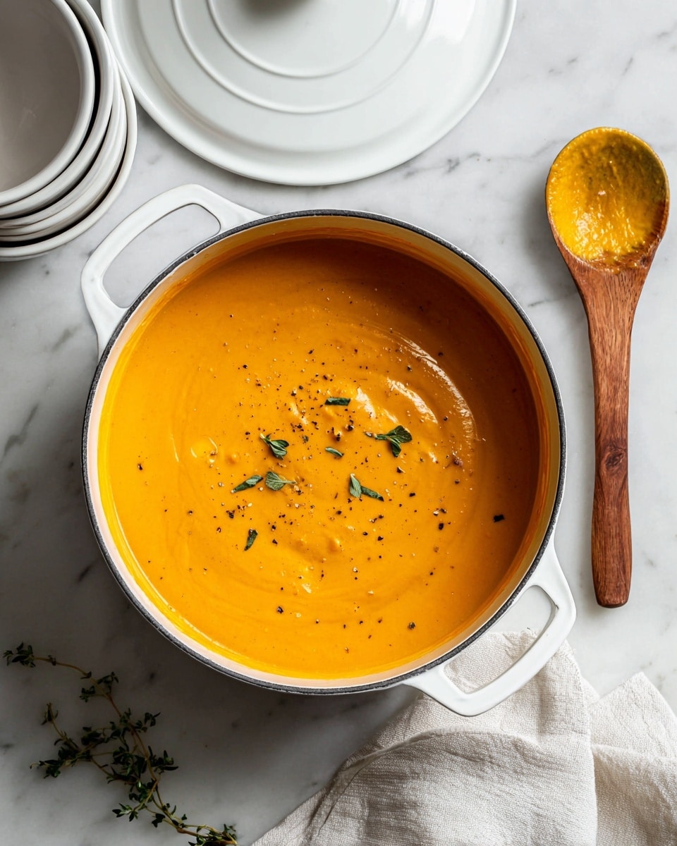A creamy orange soup fills a white bowl, smooth in texture with small black pepper specks and green herb leaves sprinkled on top. A slice of white bread with butter is placed sitting on the edge of the bowl, partly resting on the soup. The bowl sits on a light wood chopping board with two silver spoons featuring wooden handles placed side by side next to it. In the corner, a white pitcher is pouring a light cream sauce onto a small bowl with a white marbled texture beneath it. The whole scene is set against a white marbled surface. photo taken with an iphone --ar 4:5 --v 7