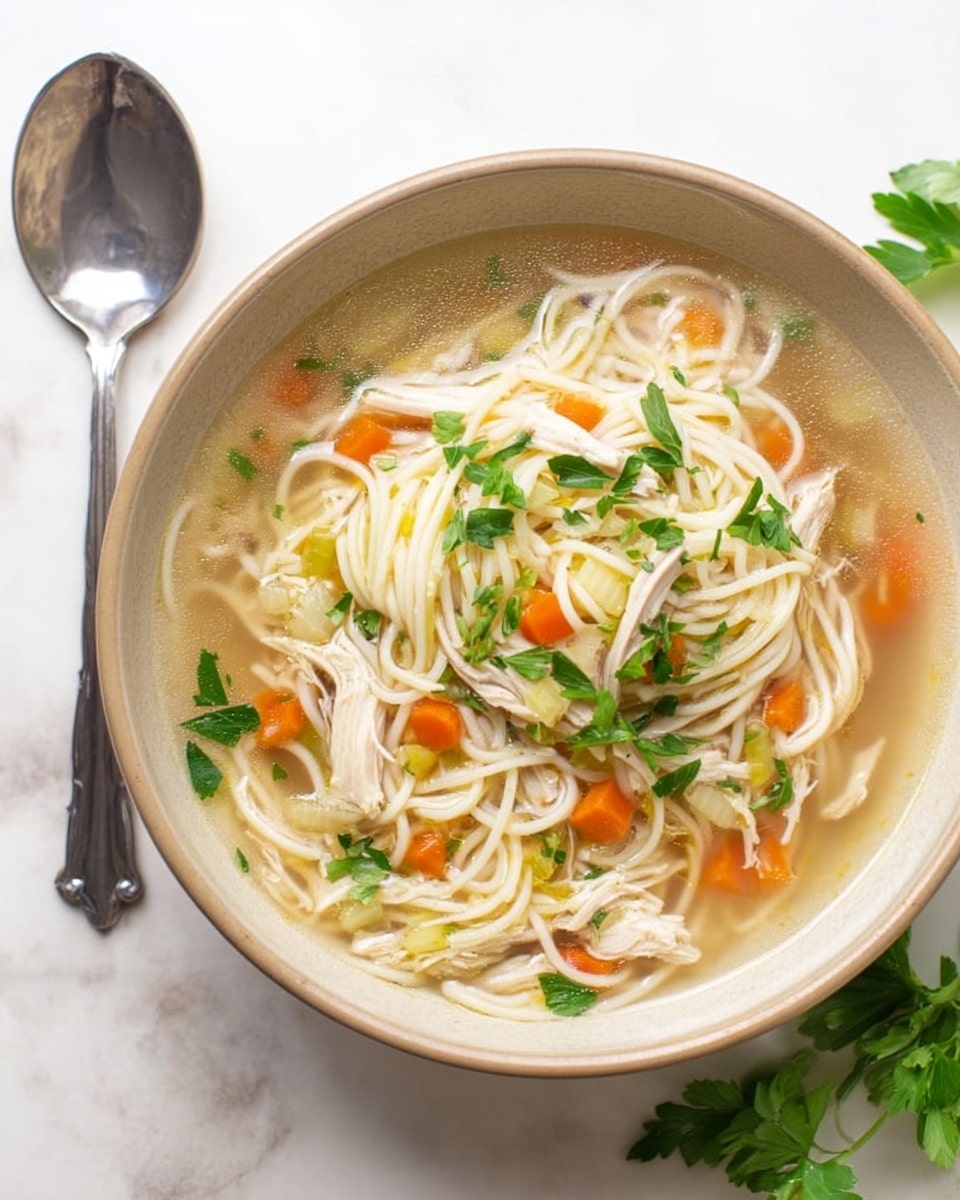 A white bowl filled with clear broth soup containing thin yellow noodles and shredded light-colored chicken pieces spread evenly throughout. There are small chunks of orange carrot and pale green celery pieces mixed in. A few bright green parsley leaves are placed on top as garnish. A silver spoon stands inside the bowl. The bowl sits on a white marbled surface next to a blue and white striped cloth napkin and some fresh parsley leaves scattered nearby. Photo taken with an iphone --ar 4:5 --v 7