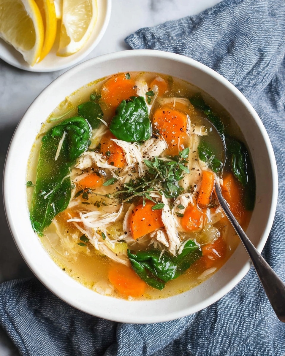 A white bowl filled with clear broth soup containing three main layers: the bottom layer is the broth, light golden and transparent; the middle layer has bright orange carrot chunks and fresh green spinach leaves scattered evenly; the top layer includes white shredded chicken pieces mixed throughout and garnished with sprigs of green herbs, possibly thyme, black pepper sprinkled on top near the chicken, and a silver spoon resting inside the bowl on the right. The bowl sits on a blue-striped cloth over a white marbled surface. Photo taken with an iphone --ar 4:5 --v 7