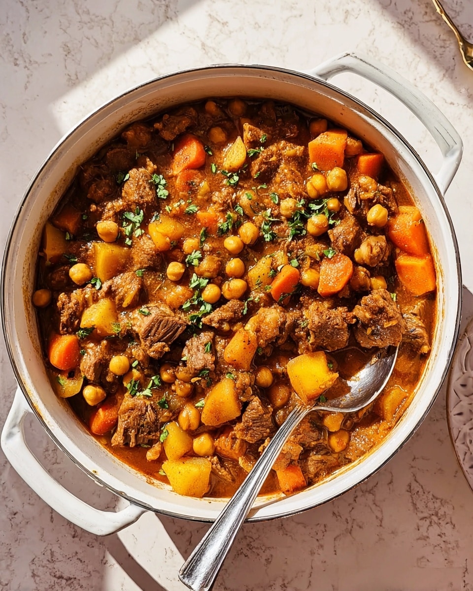 The image shows a white round pot filled with a thick stew consisting of chunks of brown meat, orange sweet potato pieces, and beige chickpeas mixed together in a rich, dark brown sauce. The stew is garnished lightly with green chopped herbs scattered on top. A silver spoon is placed inside the pot, partially submerged in the stew, with its handle leaning over the pot's edge. The pot rests on a white marbled surface with soft natural lighting casting some shadows. Photo taken with an iphone --ar 4:5 --v 7