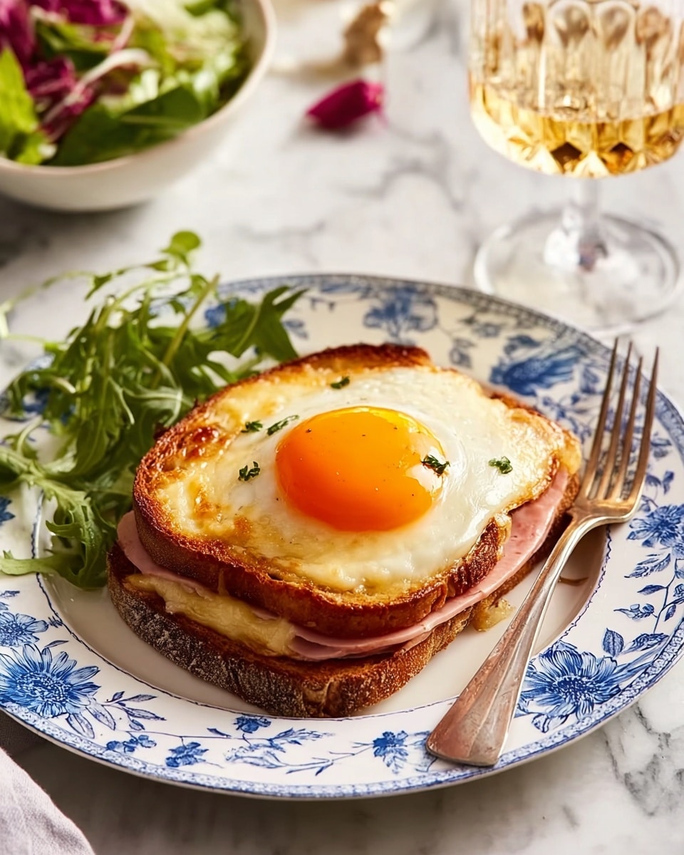 A white plate with blue flower patterns holds a toasted sandwich with three visible layers: the bottom layer is a thick piece of brown toasted bread, topped by a layer of melted yellow cheese and ham peeking out, and finally a sunny-side-up egg with a bright orange yolk and white edges sitting on top. There is a small bunch of green salad leaves placed next to the sandwich on the plate. A silver fork rests on the left side of the sandwich, and the whole scene is set on a white marbled surface with a glass of sparkling light-colored drink nearby. Photo taken with an iphone --ar 4:5 --v 7