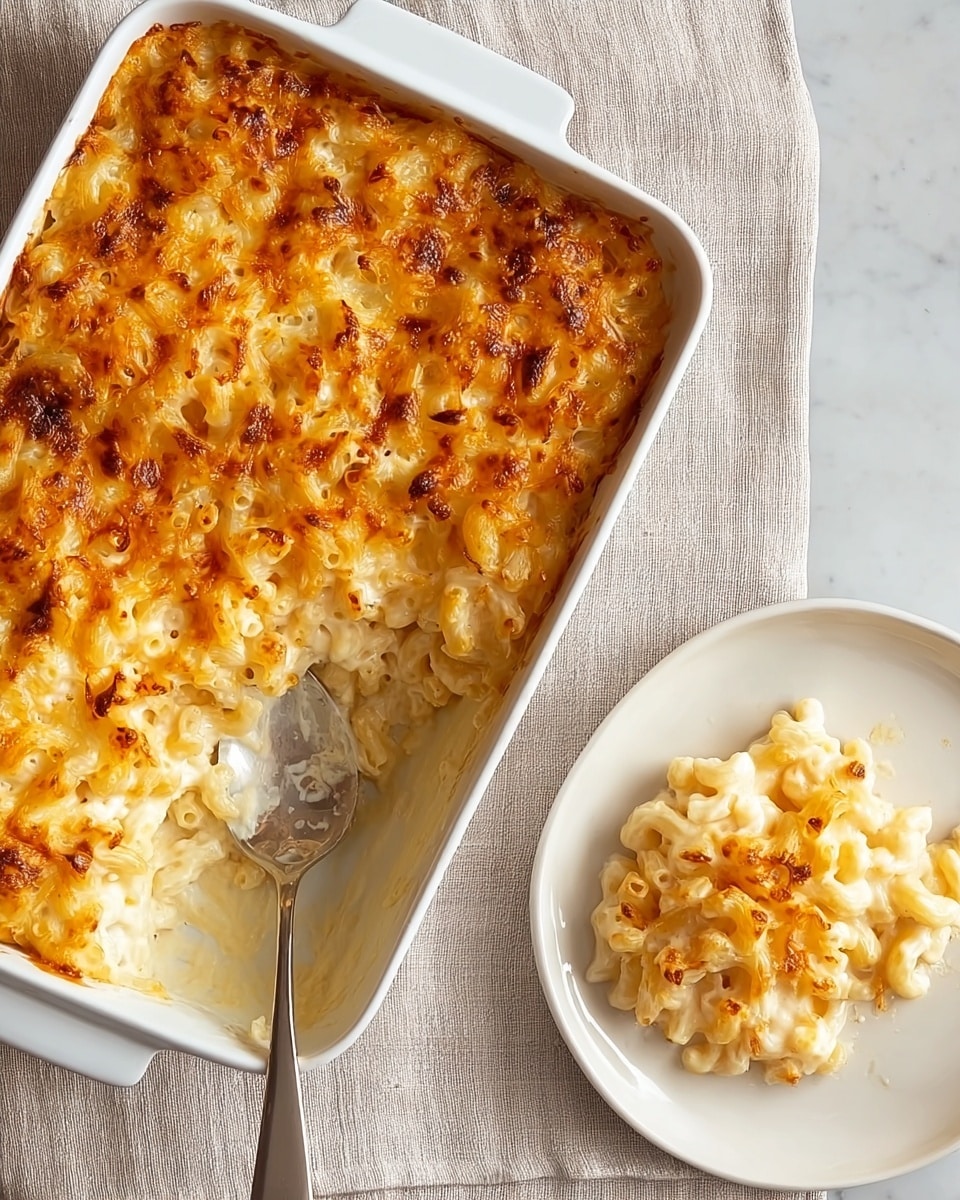 The image shows a white rectangular baking dish with baked macaroni and cheese. The top layer is golden brown with slightly crispy melted cheese, covering the creamy white macaroni underneath. The texture of the cheese on top looks bubbly and slightly browned in spots. A spoon is scooping some macaroni from the dish onto a white plate with speckled edges, showing the creamy pasta inside. Both the dish and plate are placed on a soft beige cloth, set against a white marbled surface. Photo taken with an iphone --ar 4:5 --v 7