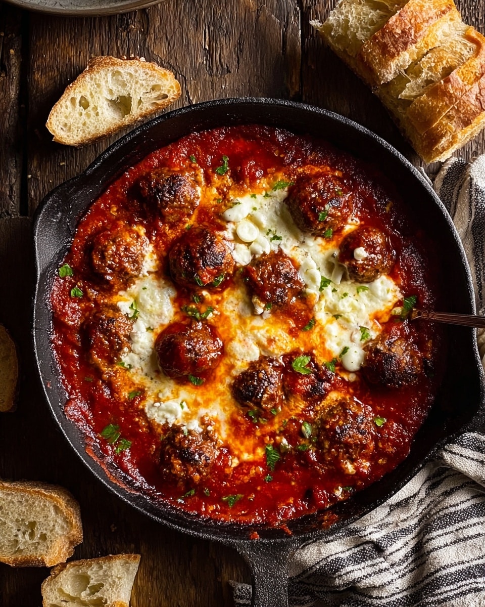 The image shows a black cast iron skillet filled with a dish that has two main layers: the bottom layer is red tomato sauce, rich and thick, covering the base, and the top layer consists of melted mozzarella cheese that is bubbly and lightly browned in spots. Scattered throughout on top are medium-sized browned meatballs, some of which are slightly covered in the cheese. The skillet is placed on a wooden surface next to pieces of torn crusty bread on a towel with a black and white stripe pattern. There is also a spoon with a dark handle and a glass partially visible at the top right. The background and surface are changed to a white marbled texture. photo taken with an iphone --ar 4:5 --v 7