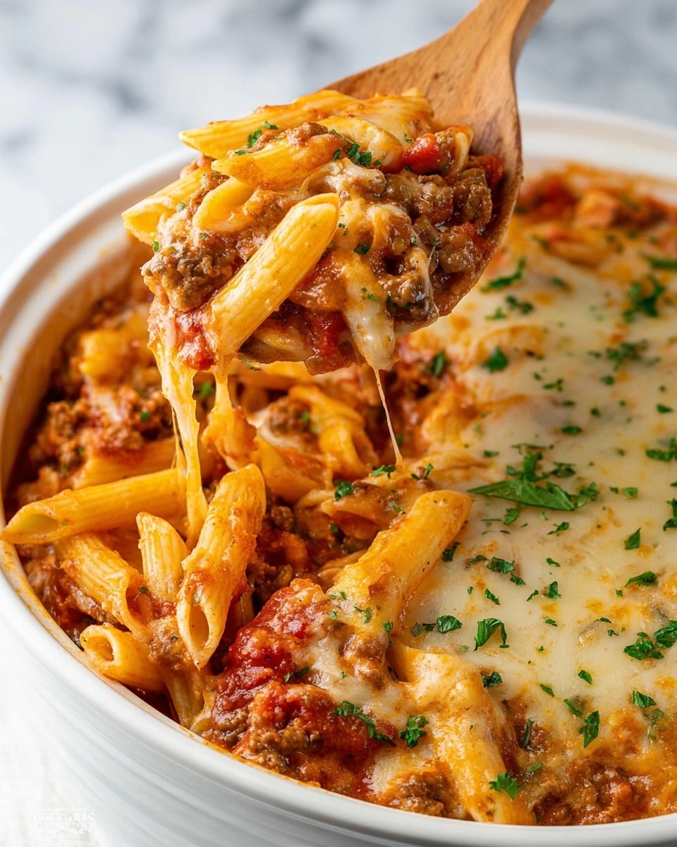 A white bowl filled with a layered pasta dish is shown, featuring a base of penne pasta mixed with a chunky tomato sauce containing ground meat and visible tomato pieces. The top layer shows melted golden cheese with some herbs sprinkled over it. A wooden spoon lifts a portion out, revealing the layers of pasta, sauce, meat, and cheese in detail, with some fresh green herbs scattered on top. The dish sits on a white marbled texture. photo taken with an iphone --ar 4:5 --v 7