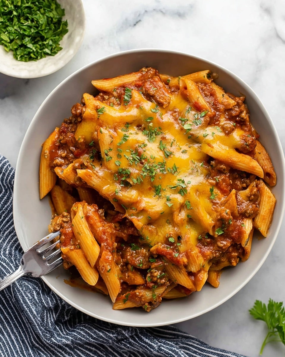 A white plate filled with three layers of food: the bottom layer is a chunky brown meat sauce with visible bits of ground meat and red tomato pieces; the middle layer is yellowish cooked penne pasta mixed and coated in the sauce; the top layer is creamy melted light-orange cheese spread unevenly on the pasta, sprinkled with small green parsley flakes; a silver fork holds a few pasta pieces on the right side of the plate; the plate sits on a white marbled surface with a small white bowl of chopped green parsley in the background and some green leafy herbs on the left side; a black-and-white striped cloth is under the plate edge; photo taken with an iphone --ar 4:5 --v 7