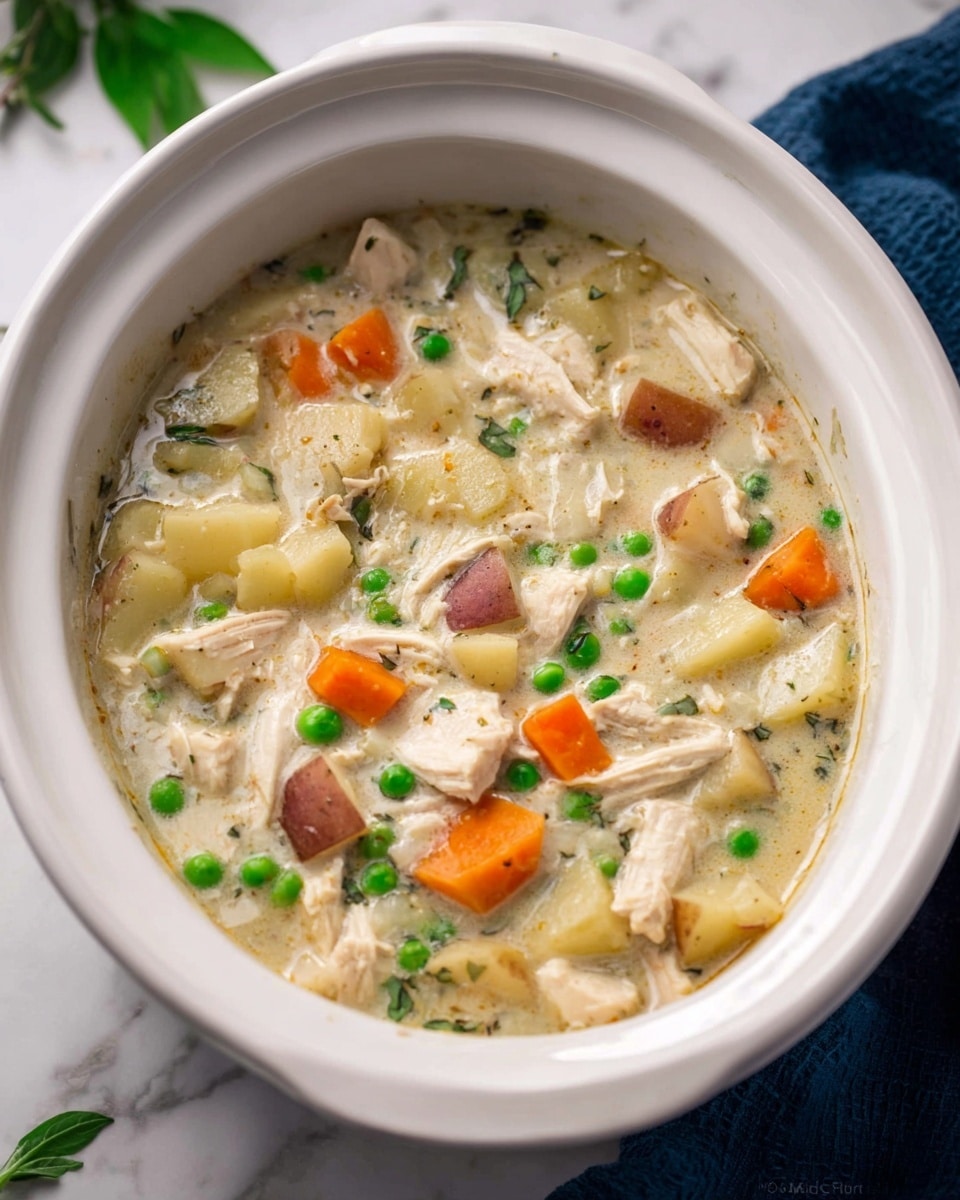 A round, white bowl filled with a creamy chicken soup showing about four layers: the thick white broth as the base, scattered shredded white chicken pieces, bright orange sliced carrots and green peas, and chunky off-white potato pieces with some light green celery bits mixed in; a silver spoon rests on the right side inside the bowl, partially submerged in the soup. The bowl sits on a white marbled surface with fresh green parsley leaves to the top-left and two small white bowls at the top-right containing finely chopped green herbs and grated cheese. A torn bread piece is on a small wooden board at the bottom-left corner next to a blue and white striped cloth. Photo taken with an iphone --ar 4:5 --v 7