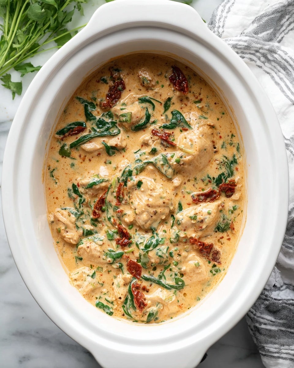This image shows a white slow cooker filled with a creamy sauce containing several pieces of light golden cooked chicken, mixed with green spinach leaves and small red sun-dried tomato pieces. The creamy sauce is pale yellow with small flecks of seasoning throughout. The slow cooker sits on a white marbled surface with a striped cloth partially visible on the side. Photo taken with an iphone --ar 4:5 --v 7