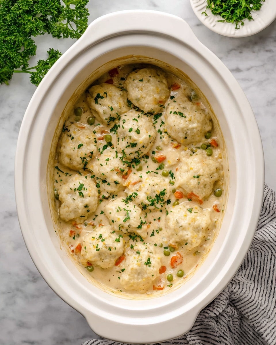 A white oval slow cooker dish is filled with a creamy stew featuring light beige dumplings on top, soft and slightly rounded with a fluffy texture. Beneath the dumplings lies a thick light cream sauce mixed with small pieces of orange carrots and green peas scattered throughout. Finely chopped green herbs sprinkle over the dumplings, adding a touch of color contrast. To the upper left, fresh green parsley peeks into the frame, and on the upper right side, a small white bowl holds chopped green herbs. The whole scene is set on a white marbled surface, creating a clean and bright background. photo taken with an iphone --ar 4:5 --v 7