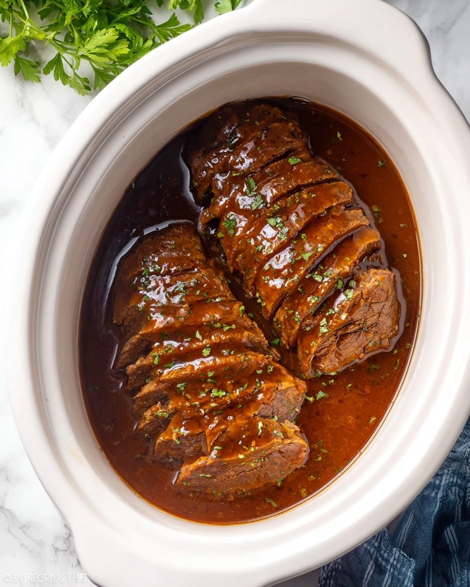 Inside a white slow cooker, there are two rows of sliced roasted meat arranged neatly side by side, each piece covered with a shiny brown sauce that looks thick and smooth. The sauce pools at the bottom, surrounding the meat and creating a glossy finish. Small green herb pieces are sprinkled on top of the meat and sauce, adding a touch of color contrast. The slow cooker rests on a white marbled surface with some green leaves visible in the top corner. Photo taken with an iphone --ar 4:5 --v 7