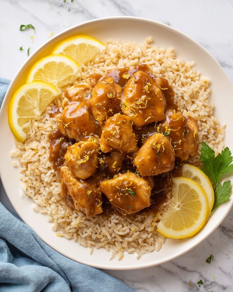A white plate is filled with a layer of cooked white rice as the base, showing soft grains spread evenly. On top, there is a layer of glazed golden-brown chicken pieces coated with a shiny sauce that adds a rich, saucy texture. To one side of the plate, three thin lemon slices are placed, adding a bright yellow color contrast. A small sprig of green parsley sits near the lemon slices, adding freshness to the presentation. The plate is placed on a white marbled surface with a blue cloth partially visible nearby. Photo taken with an iphone --ar 4:5 --v 7