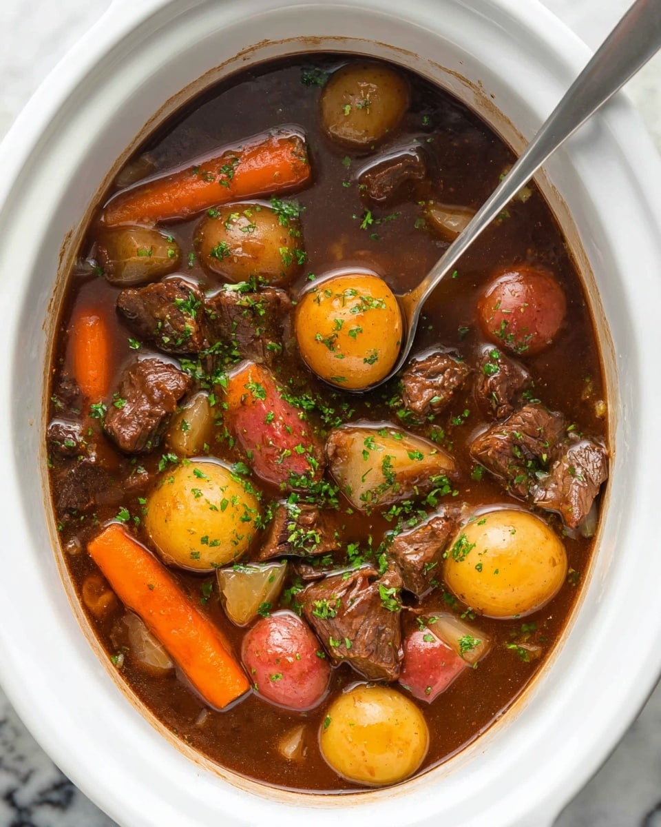 A white bowl filled with a stew showing three layers: the top layer with bright green chopped herbs scattered on the surface, the second layer with large orange carrot slices and yellow potato halves, and the bottom layer with chunks of brown meat and a rich, dark brown broth. A metal spoon rests inside the bowl, partially submerged in the stew, reflecting light. The bowl is placed on a white marbled surface. Photo taken with an iphone --ar 4:5 --v 7