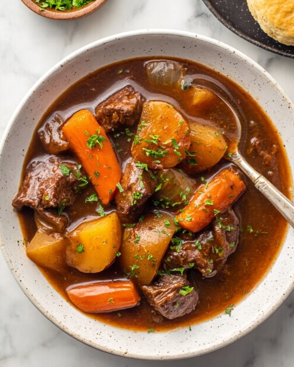 A white bowl is filled with a rich brown stew that has chunks of tender meat, thick orange carrot pieces, large round yellow potatoes cut in half, and small onion segments. The stew looks thick and shiny, with small green herbs sprinkled on top. A silver spoon rests inside the bowl on the right side. The bowl is set on a white marbled surface with a piece of biscuit and green leafy garnish nearby. The scene looks warm and comforting, with natural light coming from the top left. photo taken with an iphone --ar 4:5 --v 7