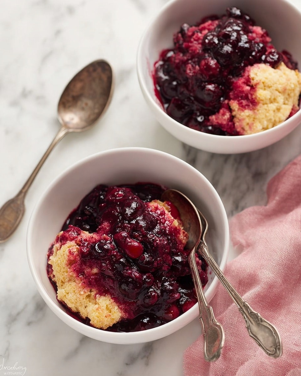 Two white bowls sit on a white marbled surface, each filled with a dark red and purple mixed berry compote that looks juicy and thick, paired with a light golden brown baked layer underneath. On top of the berry mixture in each bowl is a round scoop of pale yellow vanilla ice cream with a creamy and smooth texture. Next to the bowls lie two vintage silver spoons and a wrinkled pink cloth, adding a soft contrast to the scene. The photo taken with an iphone --ar 4:5 --v 7