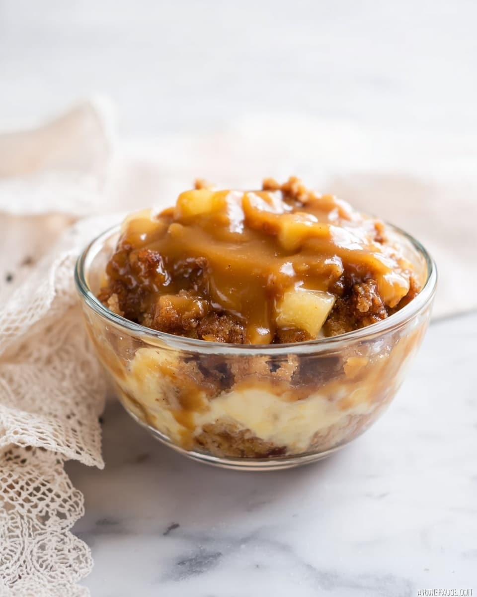 A clear glass bowl sits on a white marbled surface, filled with two main layers. The bottom layer is a thick mixture of soft, cooked apple chunks with a light yellow color, covered by a rich, brown sauce that appears shiny and smooth. On top of this is a layer of golden-brown crumbly pieces that look moist and spongy, soaked slightly in the sauce, blending into the apple mixture below. In the background, there is a soft, cream-colored cloth with lace edges, gently out of focus. photo taken with an iphone --ar 4:5 --v 7