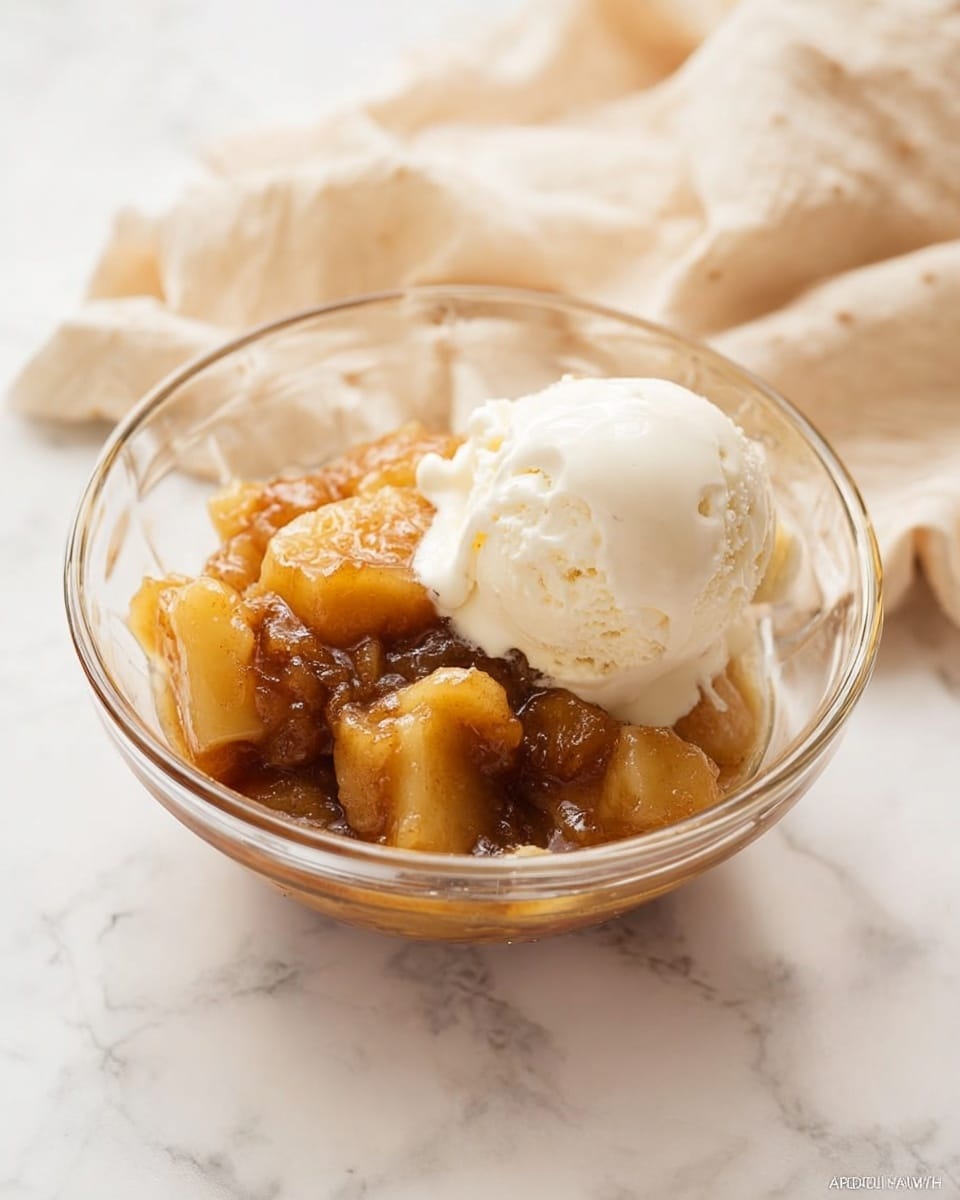 A clear glass bowl filled with two main layers: one side shows a warm apple dessert with soft cooked apple chunks covered in a glossy brown sauce with small nut pieces, and the other side has a smooth, creamy scoop of vanilla ice cream beginning to melt slightly at the edges where it meets the warm dessert, all set on a white marbled surface with a soft beige cloth blurred in the background photo taken with an iphone --ar 4:5 --v 7